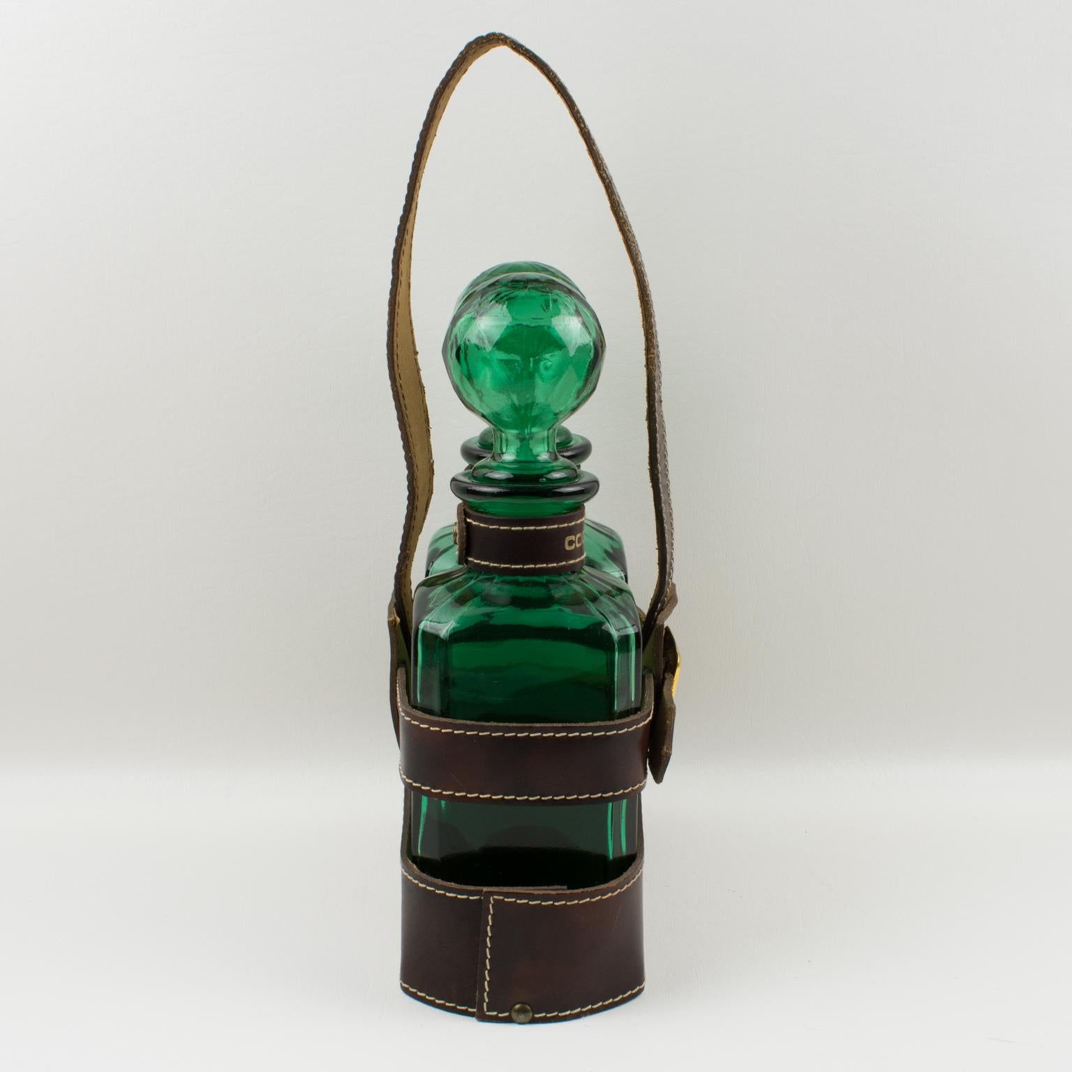 Mid-Century Leather Case Tantalus with Two Green Glass Decanters, 1960s In Good Condition For Sale In Atlanta, GA