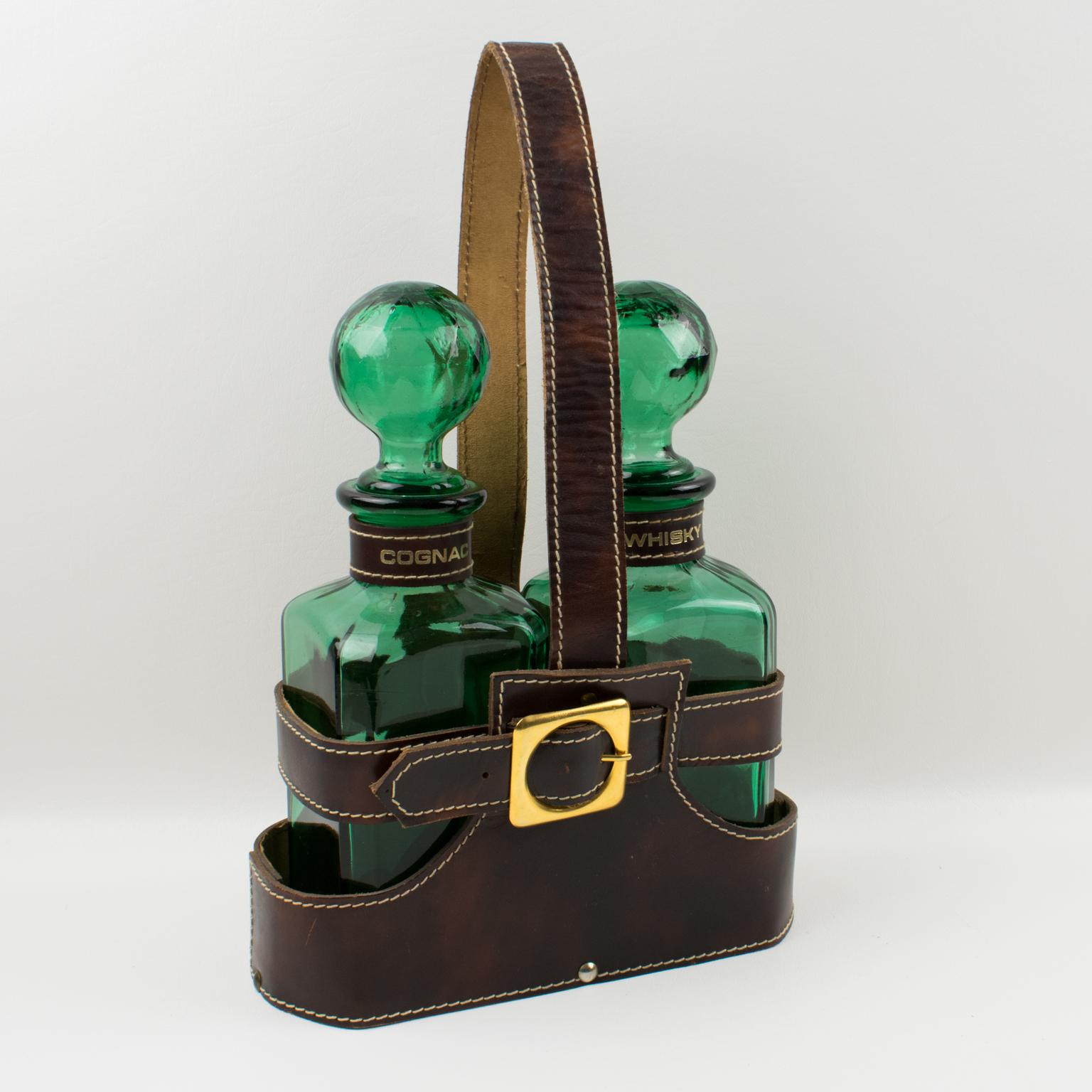 Mid-20th Century Mid-Century Leather Case Tantalus with Two Green Glass Decanters, 1960s For Sale