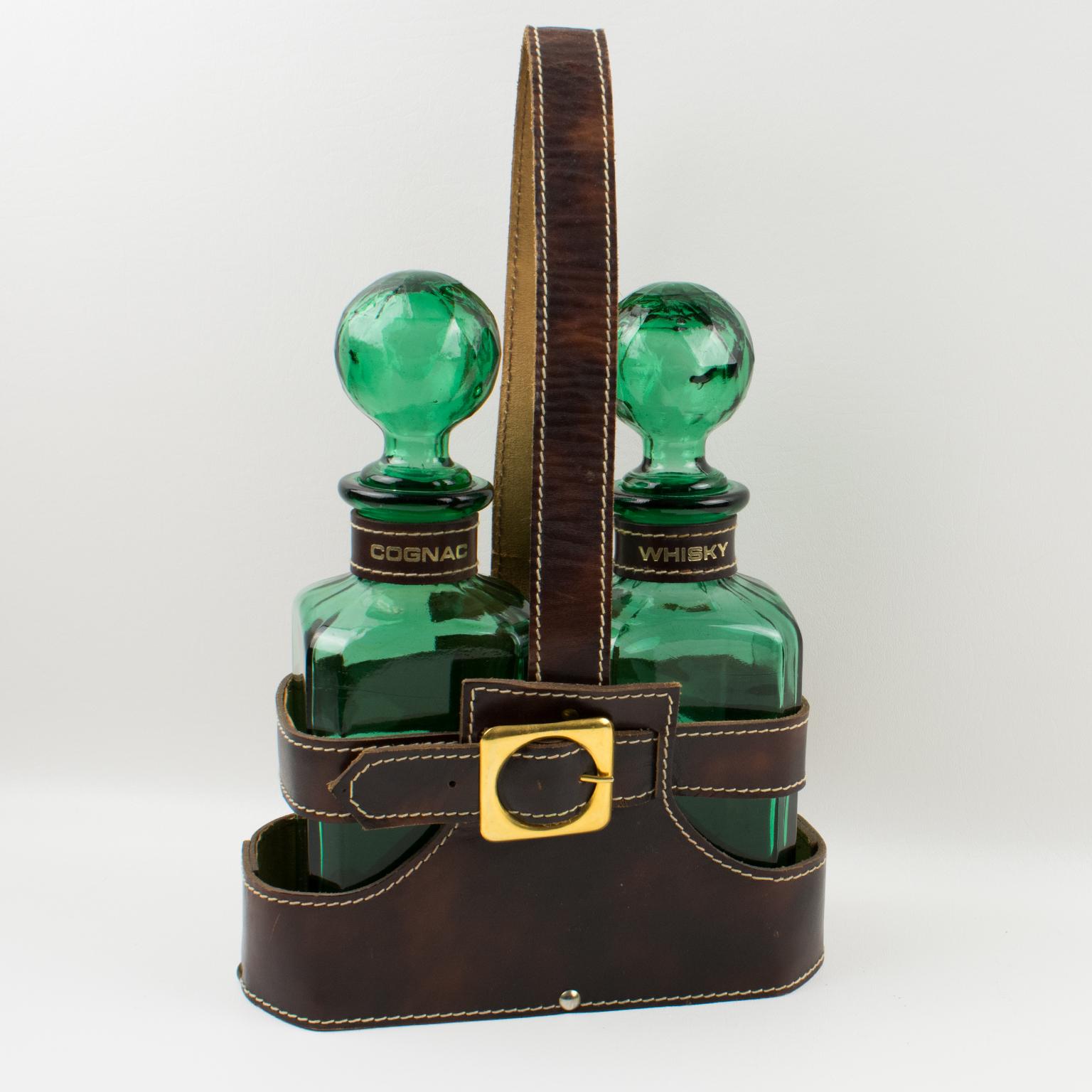 Metal Mid-Century Leather Case Tantalus with Two Green Glass Decanters, 1960s For Sale
