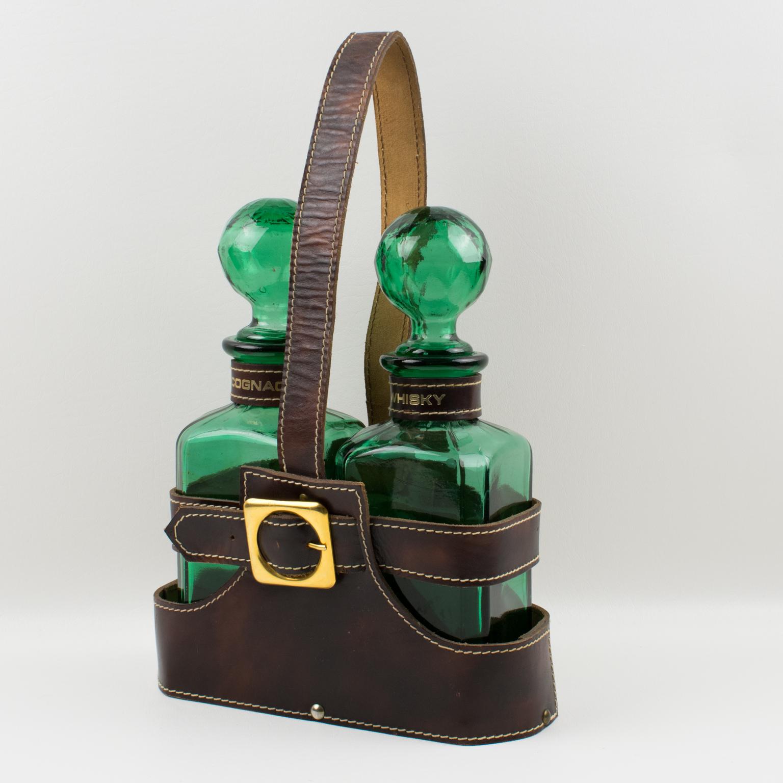 Mid-Century Leather Case Tantalus with Two Green Glass Decanters, 1960s For Sale 1