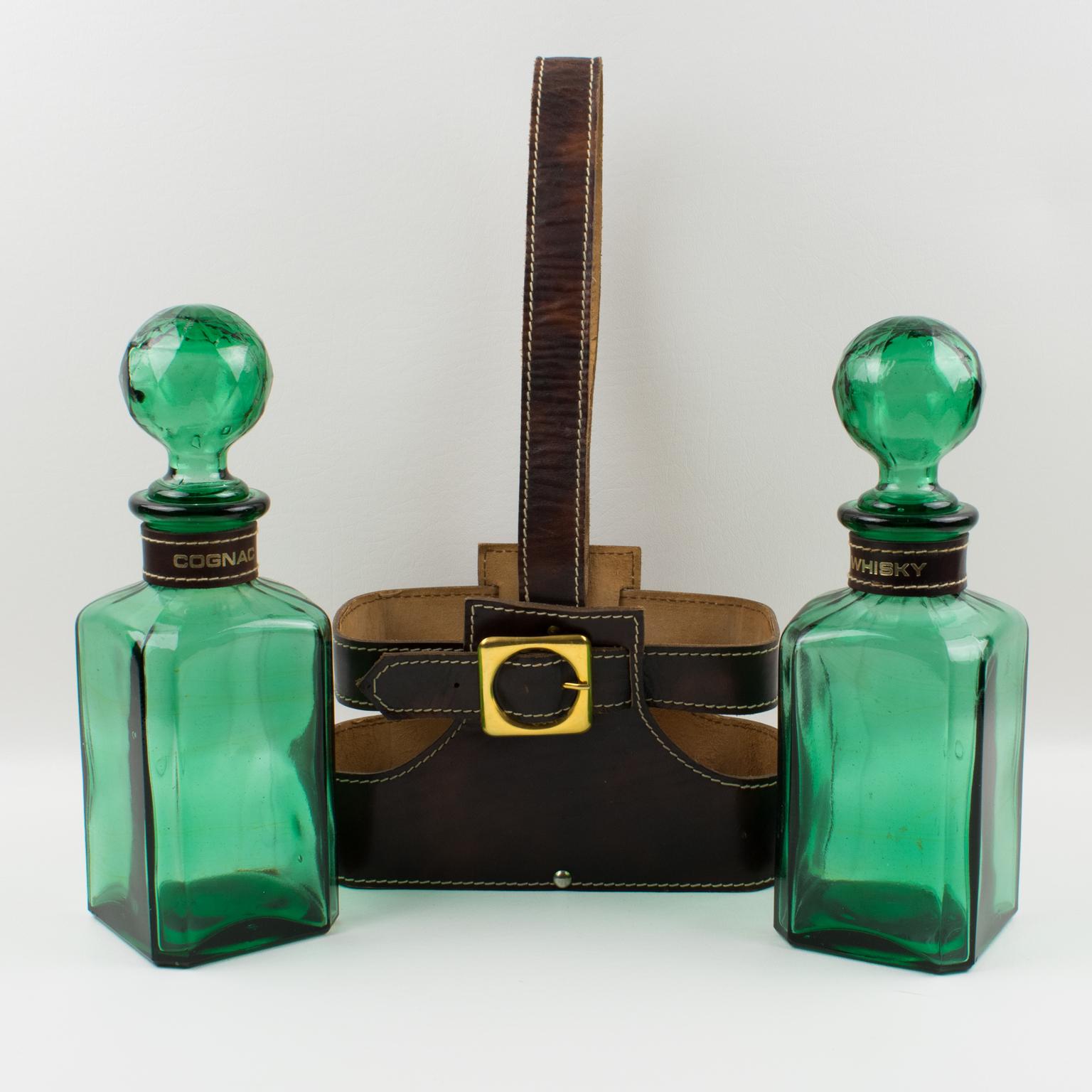 Mid-Century Leather Case Tantalus with Two Green Glass Decanters, 1960s For Sale 2