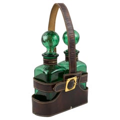 Retro Mid-Century Leather Case Tantalus with Two Green Glass Decanters, 1960s