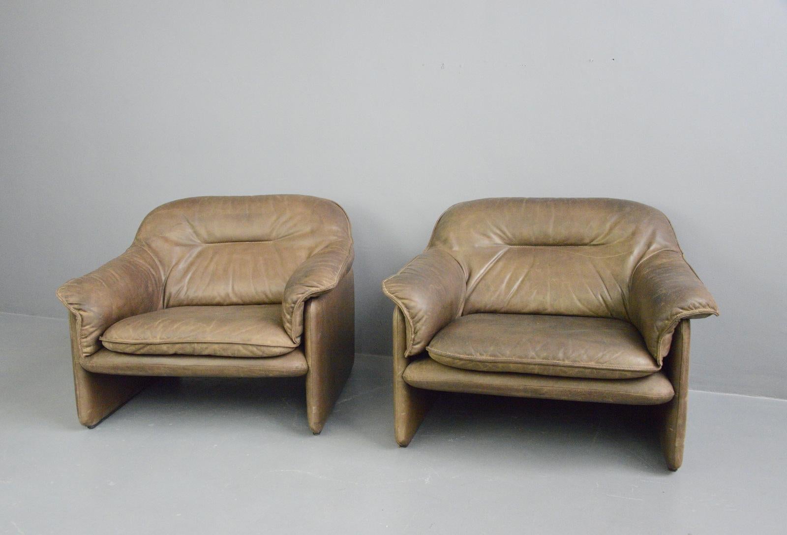 Midcentury leather chairs by De Sede, circa 1960s

- Price is per chair
- Quality buffalo leather
- Wooden feet
- Made by De Sede
- Swiss, 1960s
- Measures: 86 wide x 88cm deep x 71cm tall
- 38cm seat height

Condition report:

No rips