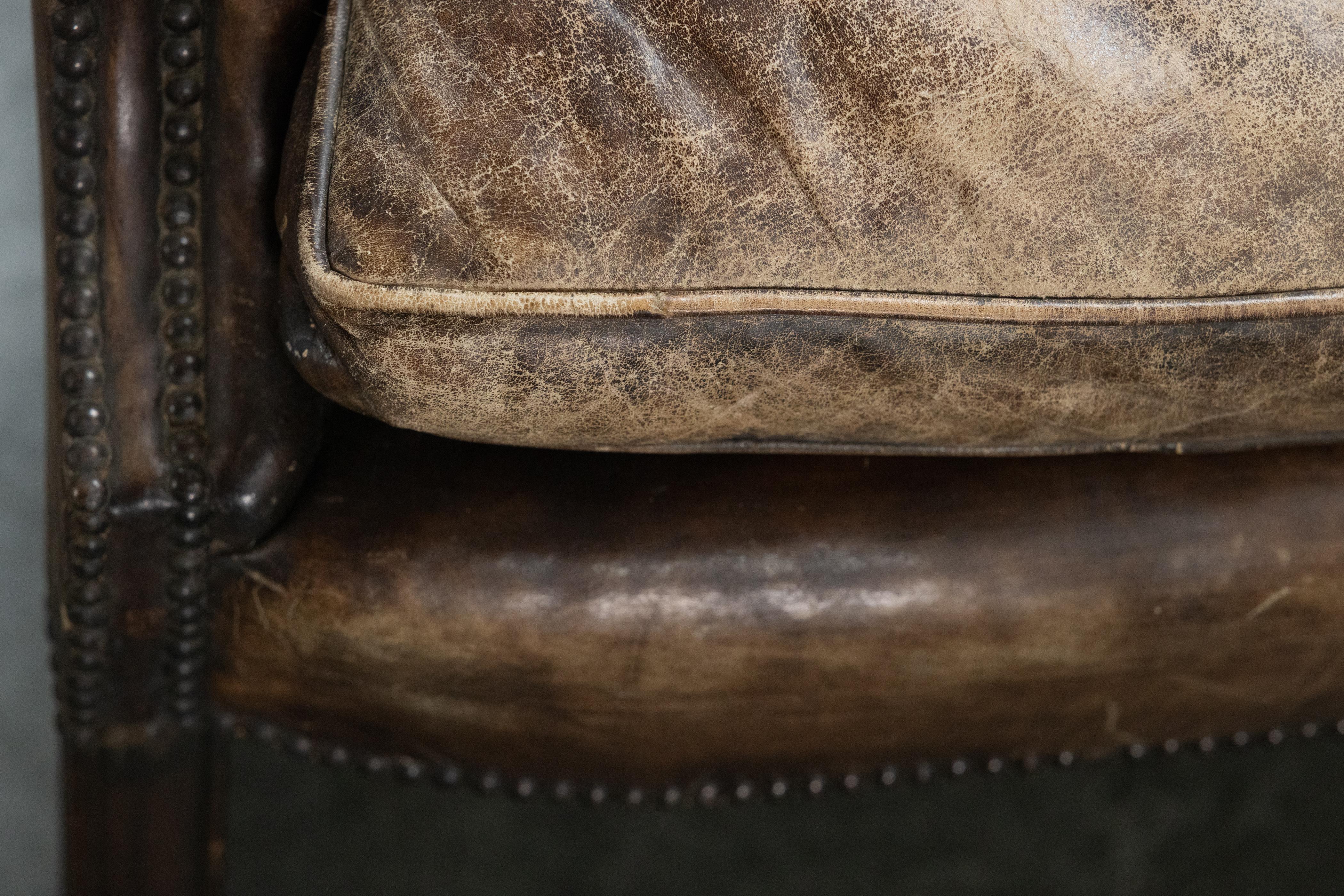 Mid Century Leather Chesterfield Sofa From France, Circa 1950 In Good Condition For Sale In Nashville, TN