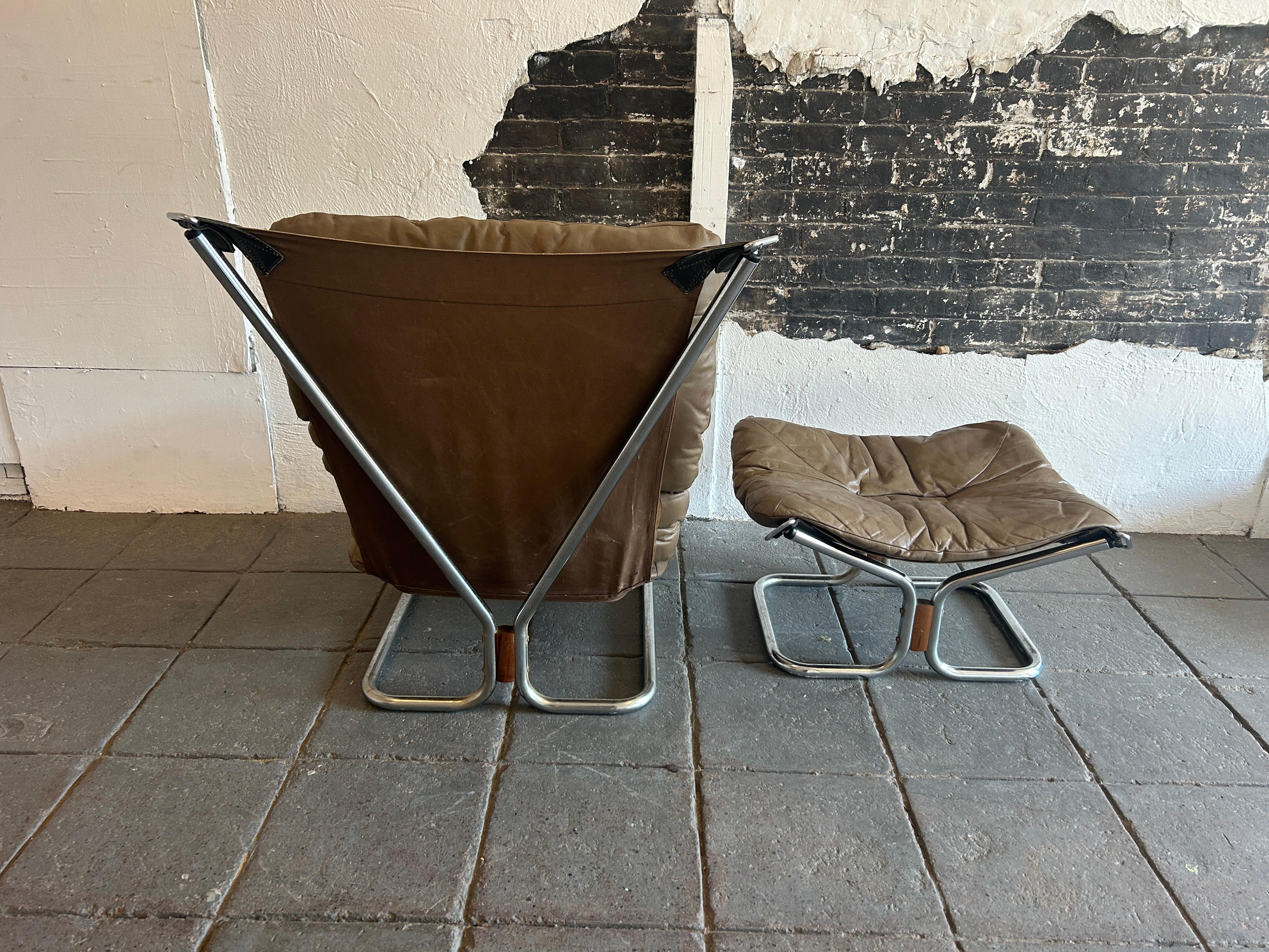 Norwegian Mid century Leather Chrome Lounge Chair and Ottoman by Sigurd Ressell For Sale