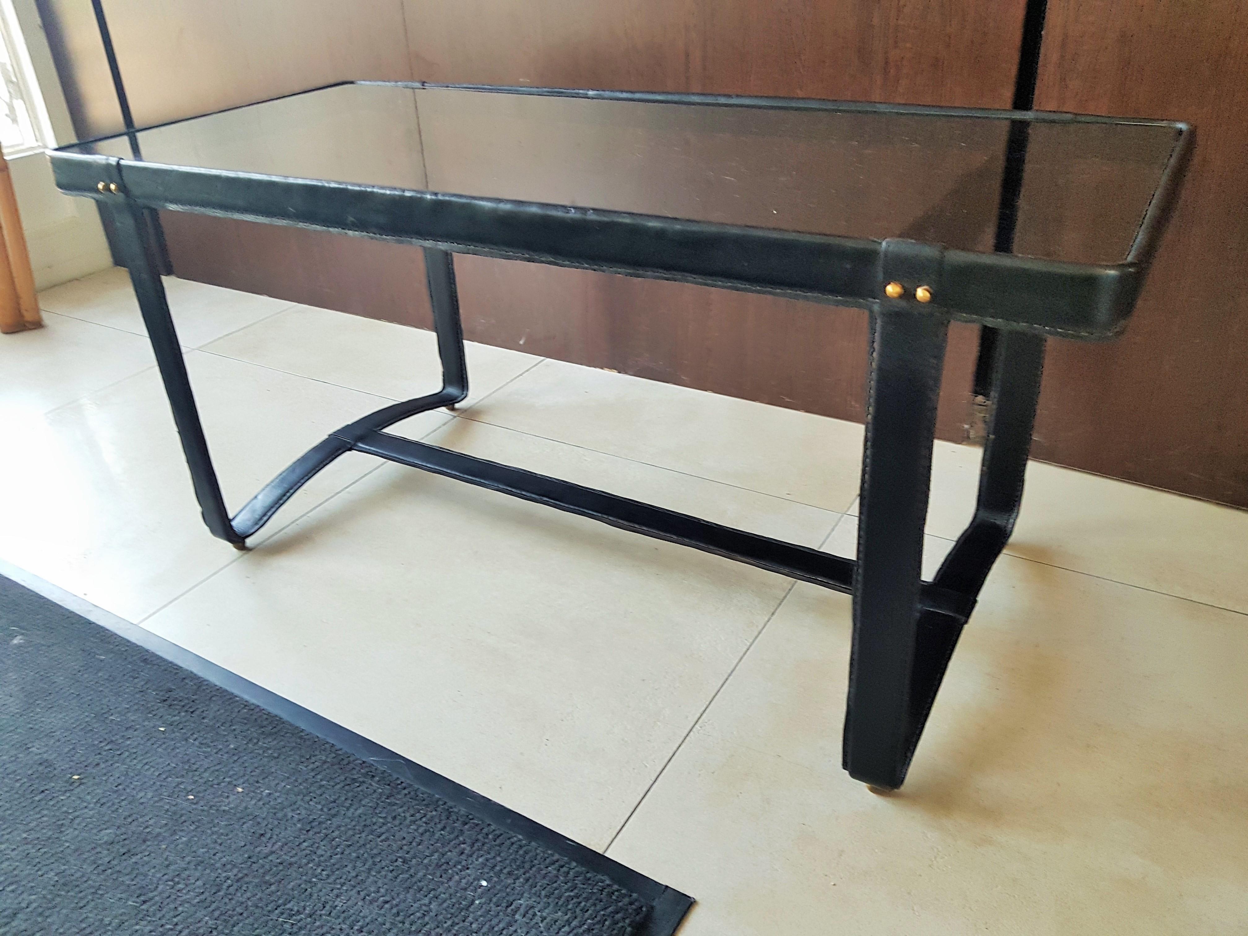Midcentury Leather Coffee Table by Jacques Adnet, France, 1950 For Sale 4