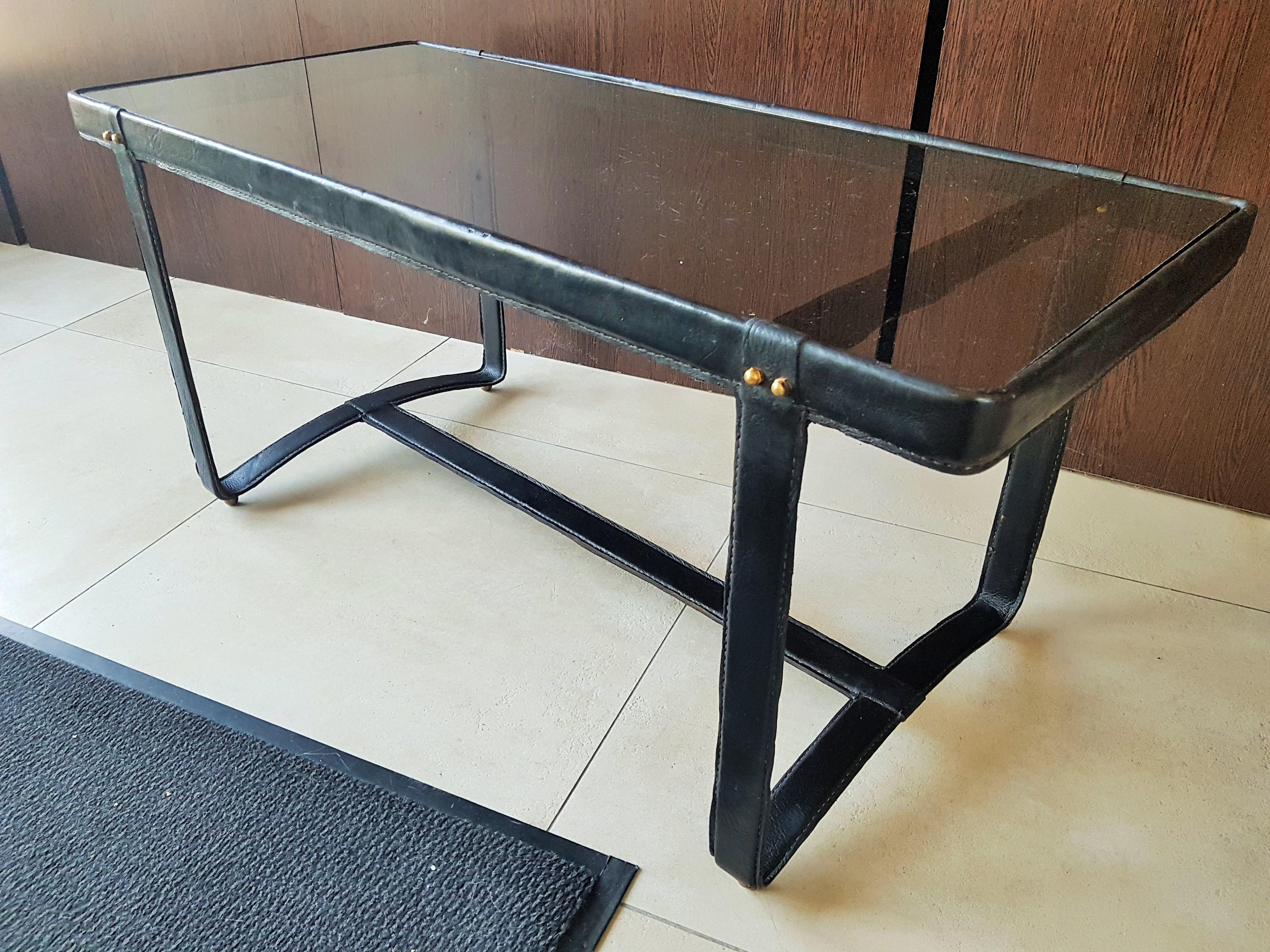 Midcentury Leather Coffee Table by Jacques Adnet, France, 1950 For Sale 5