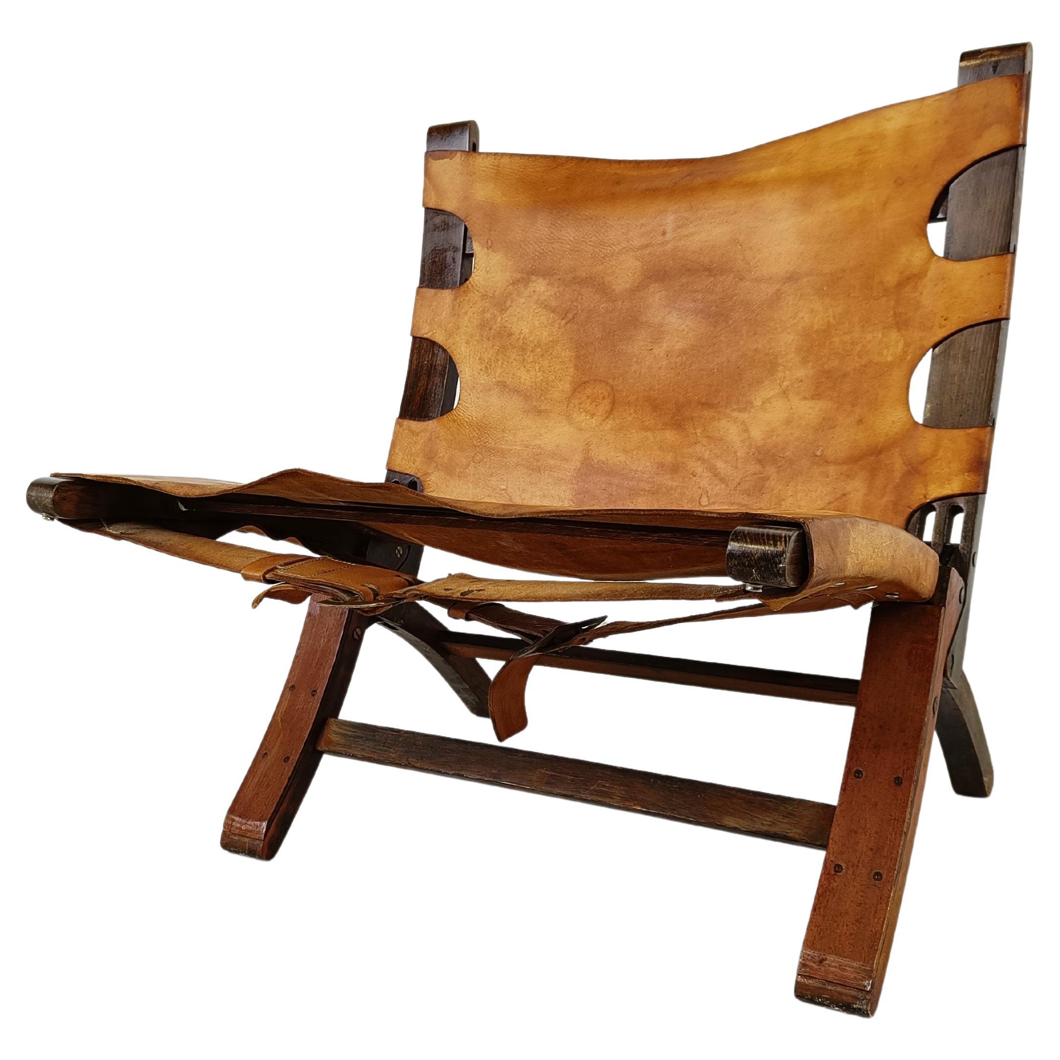 Midcentury Leather Folding Lounge Chair, 1950s