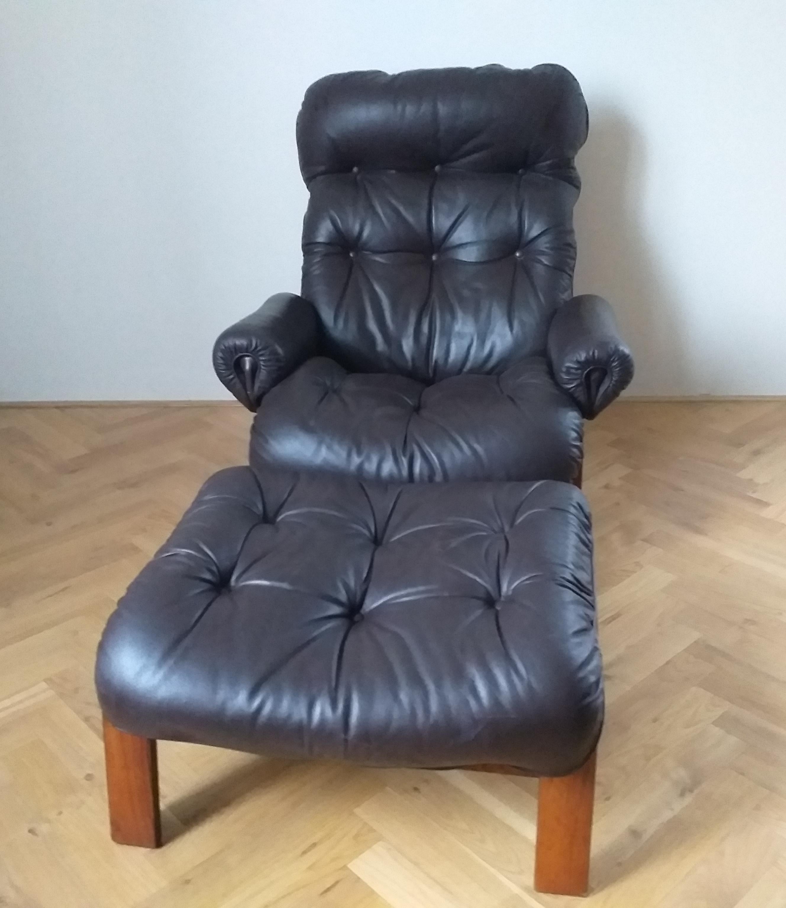 Midcentury Leather Lounge Chair RyBo Rykken, Oddvin Rykken, Ottoman, 1970s 4