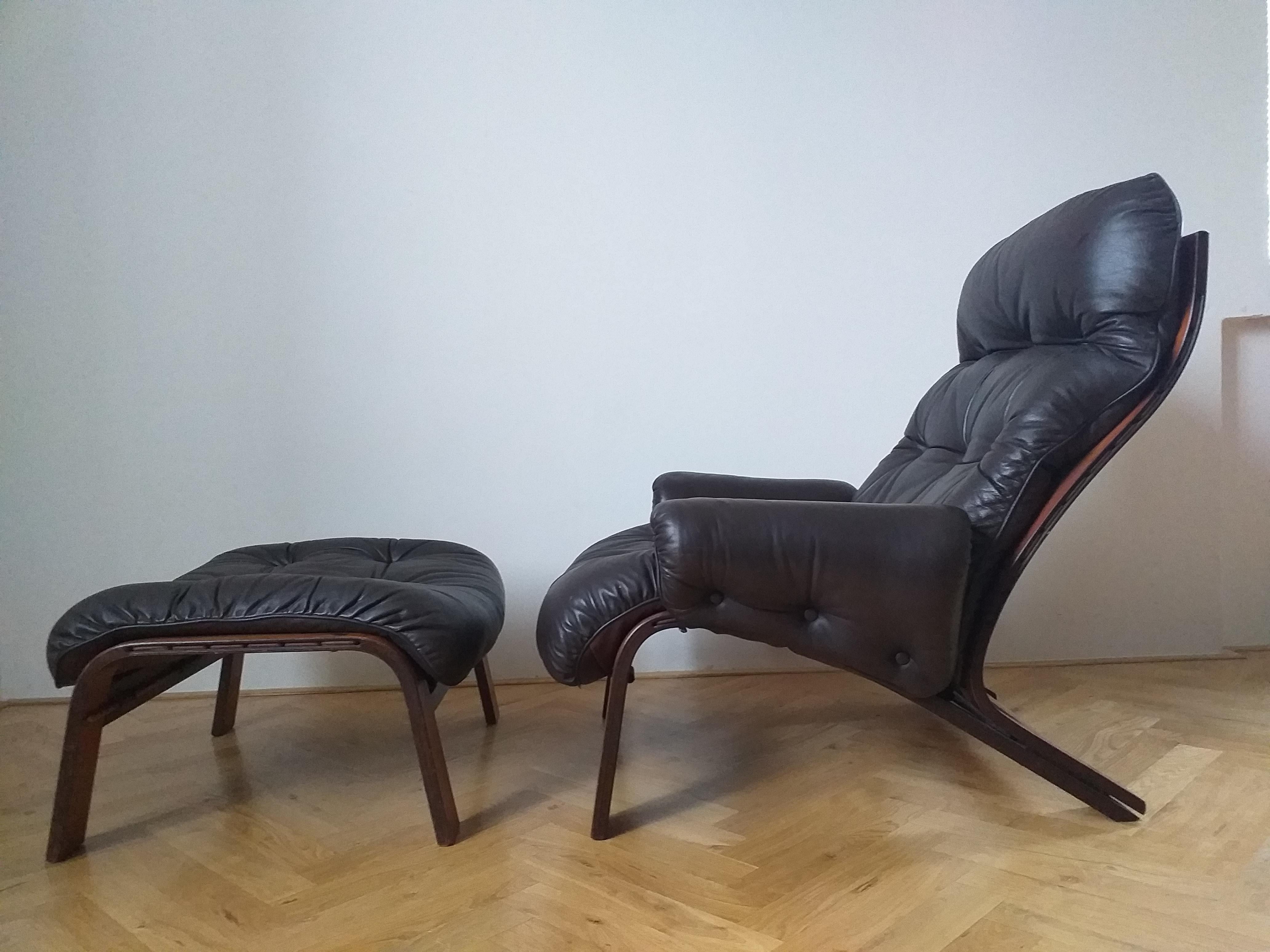 Mid-Century Modern Midcentury Leather Lounge Chair RyBo Rykken, Oddvin Rykken, Ottoman, 1970s