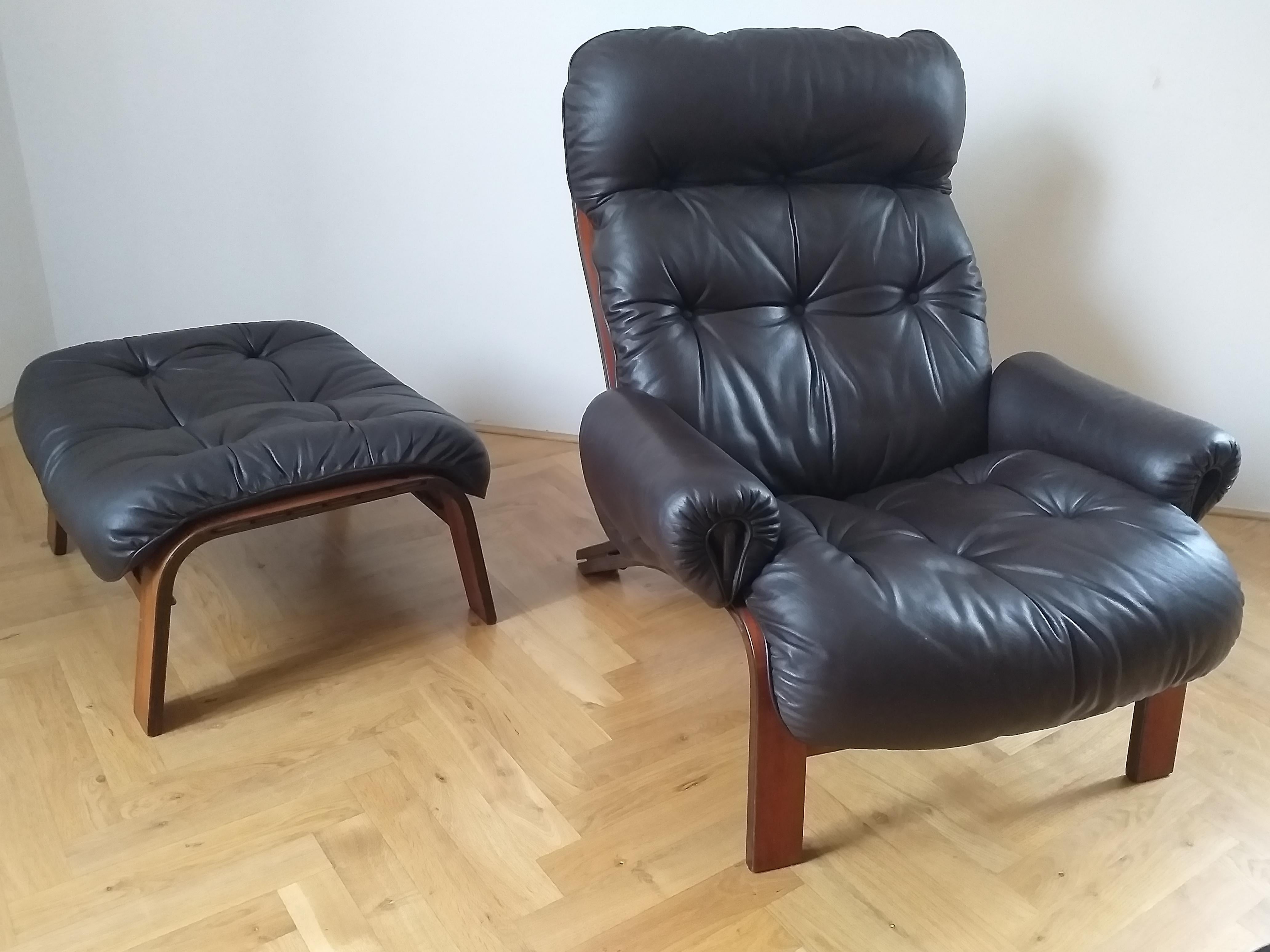 Norwegian Midcentury Leather Lounge Chair RyBo Rykken, Oddvin Rykken, Ottoman, 1970s