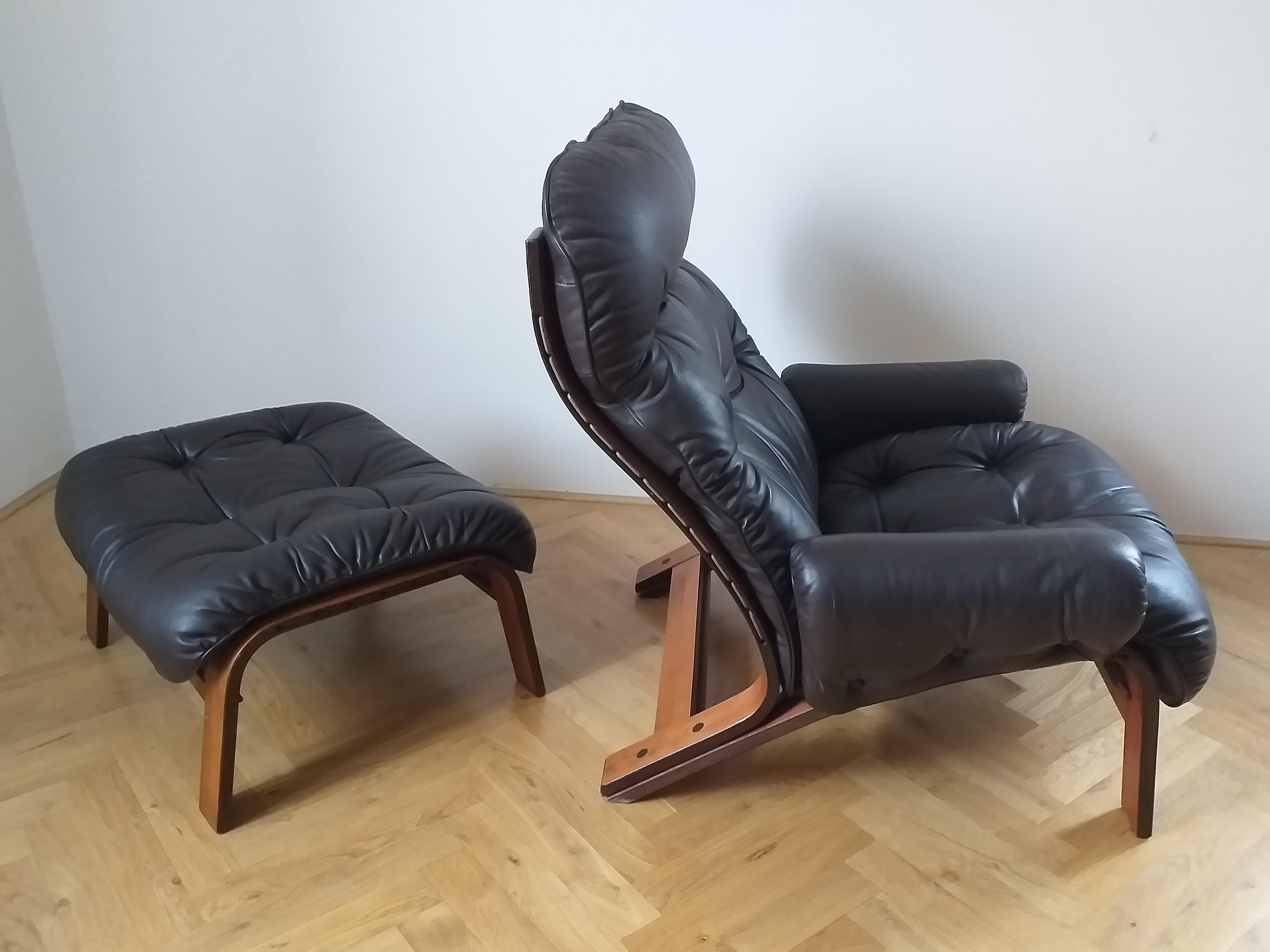 Midcentury Leather Lounge Chair RyBo Rykken, Oddvin Rykken, Ottoman, 1970s 1