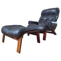 Midcentury Leather Lounge Chair RyBo Rykken, Oddvin Rykken, Ottoman, 1970s 