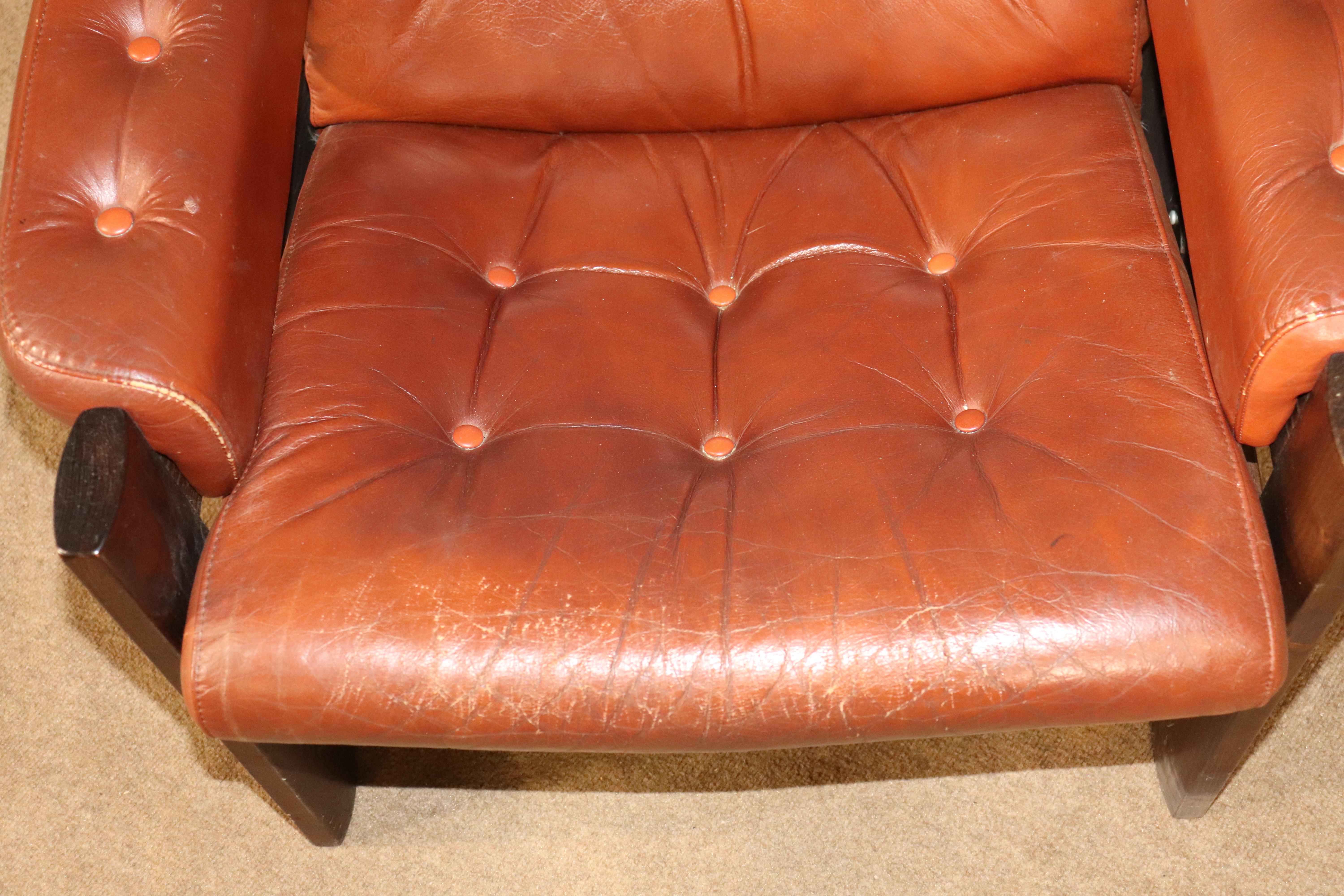Midcentury Leather Lounge Chair with Ottoman For Sale 4