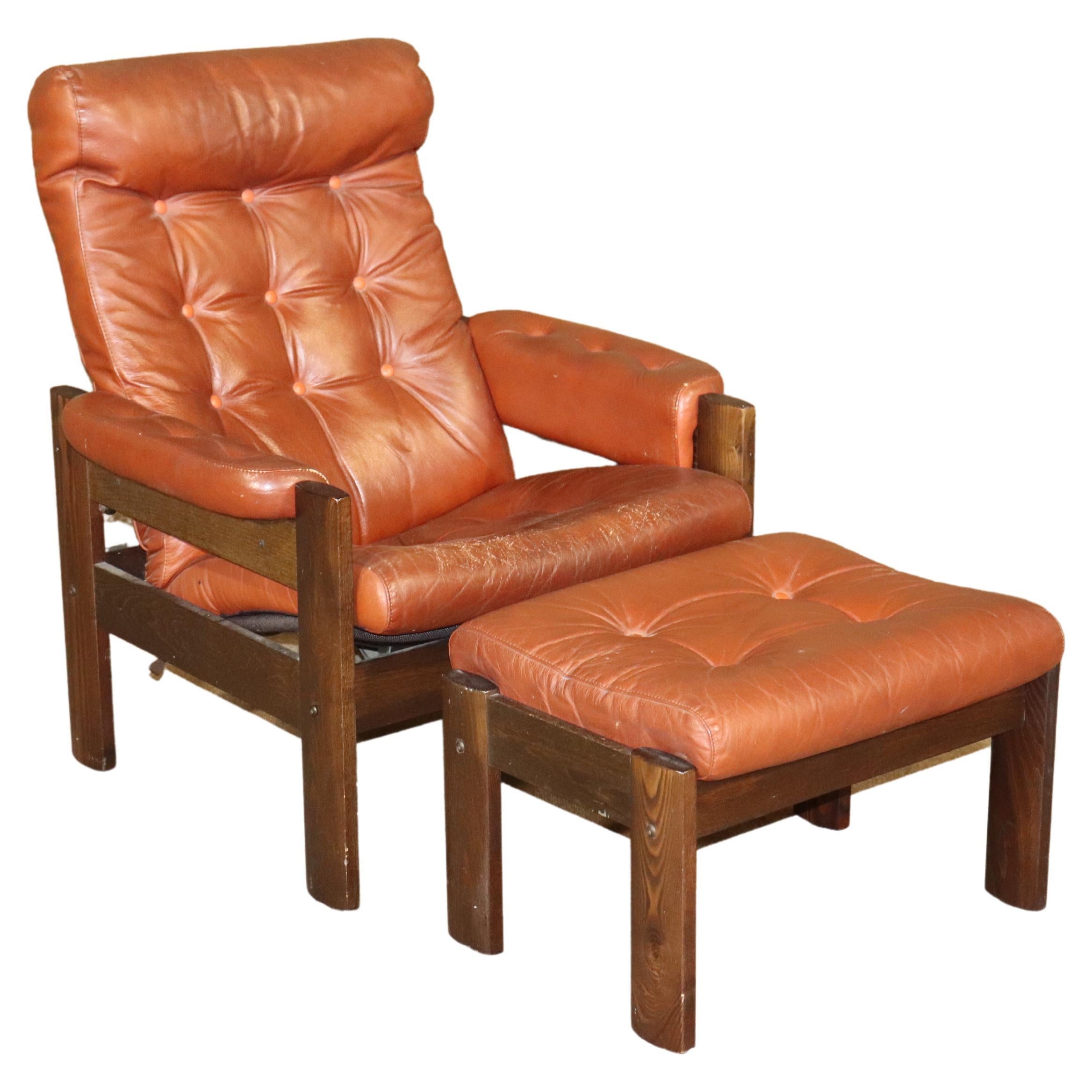 Midcentury Leather Lounge Chair with Ottoman For Sale