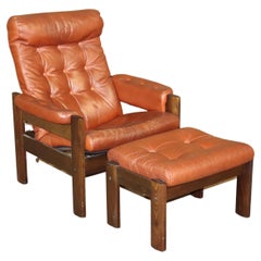 Midcentury Leather Lounge Chair with Ottoman