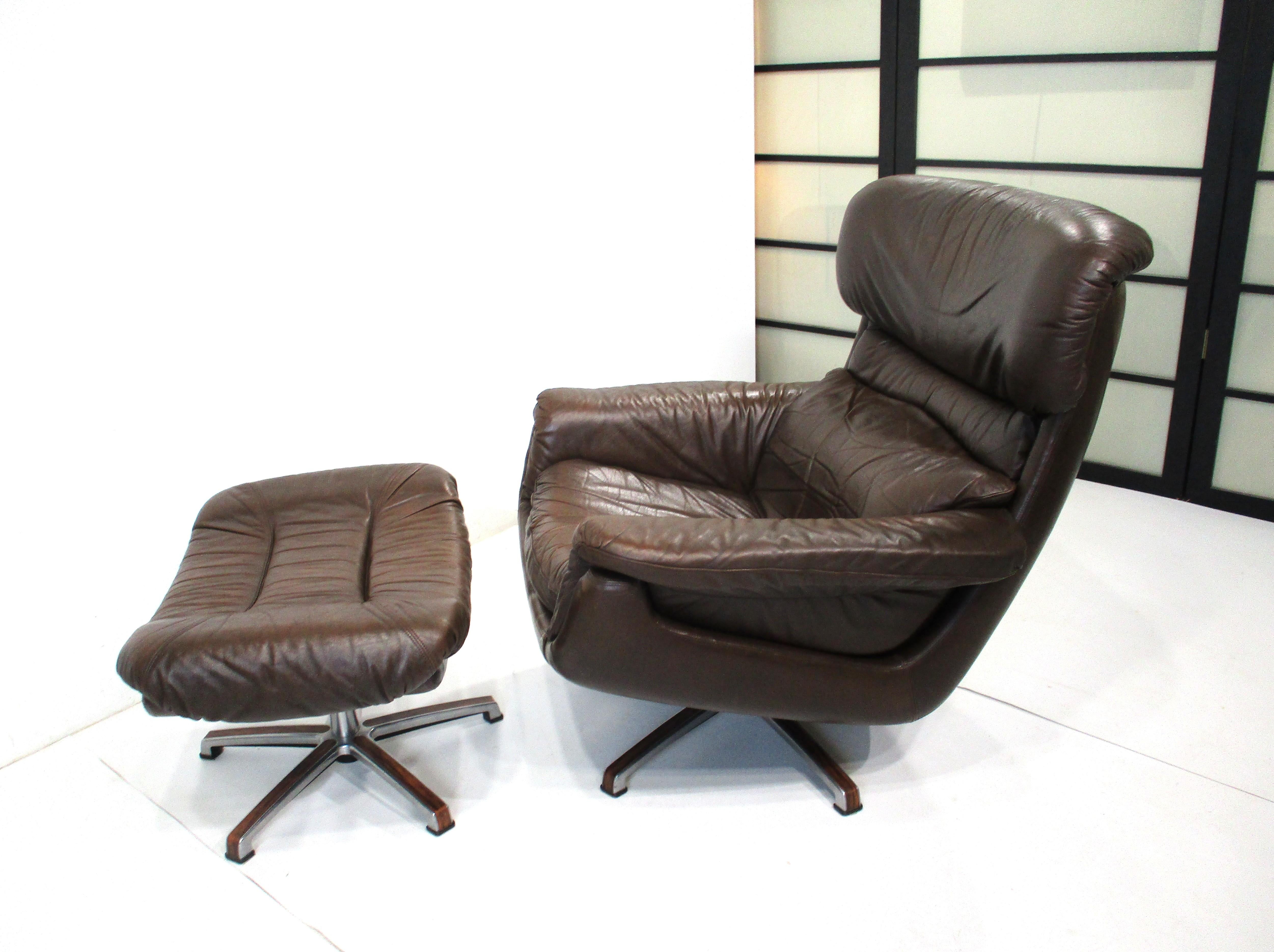 20th Century Gustav Thams styled Mid Century Leather Lounge Chair w/ Ottoman Sweden For Sale