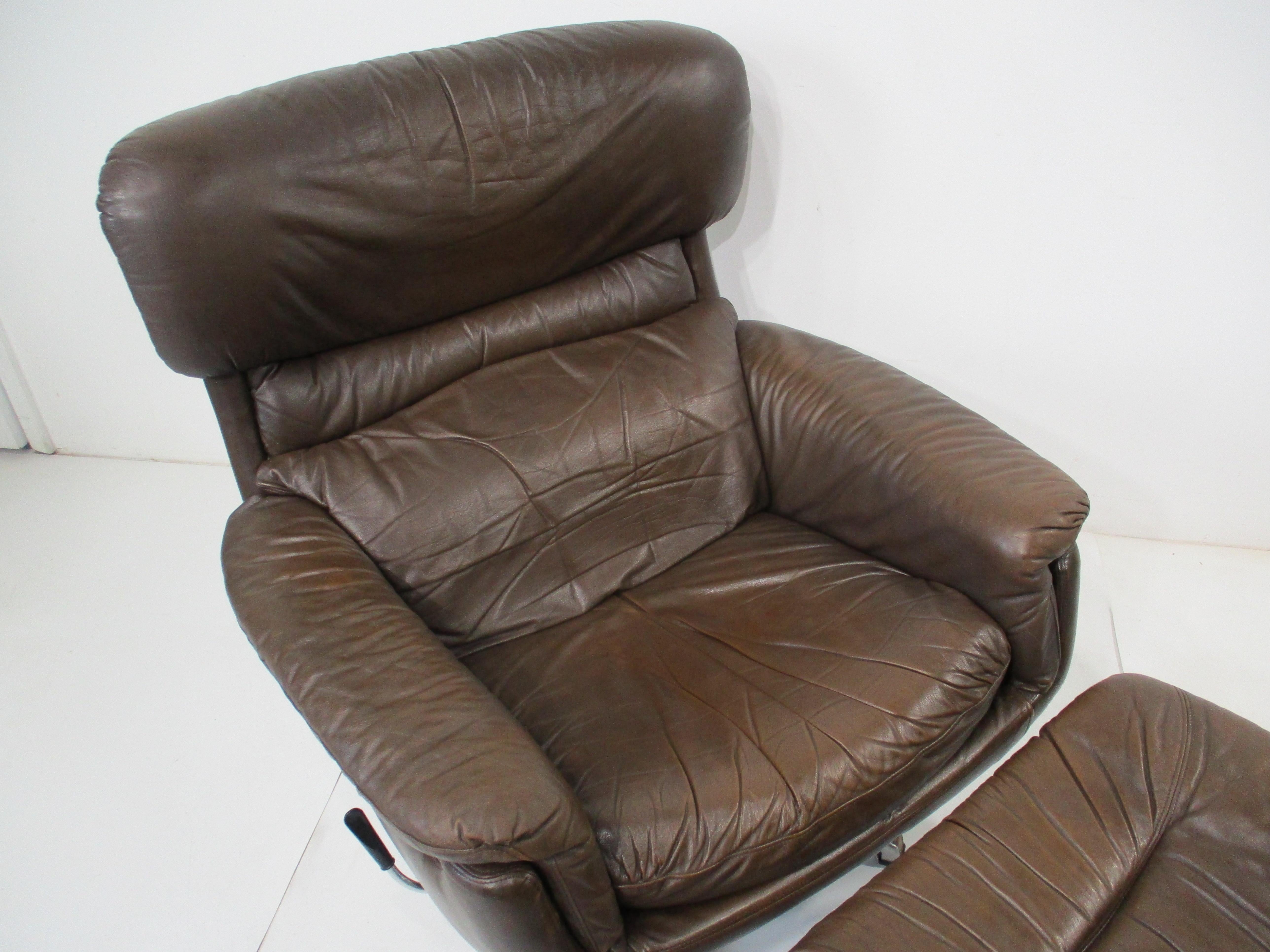 Aluminum Gustav Thams styled Mid Century Leather Lounge Chair w/ Ottoman Sweden For Sale