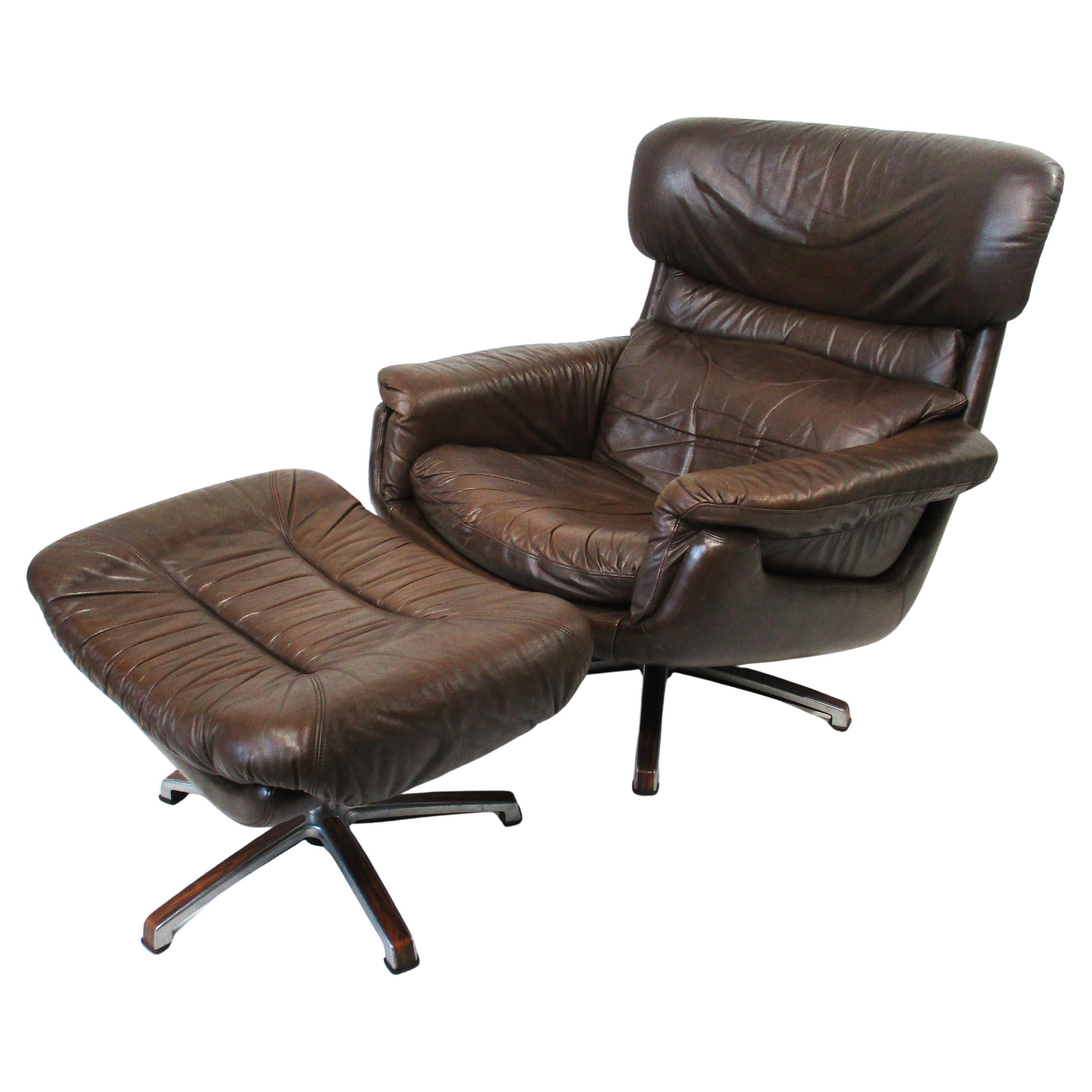 Gustav Thams styled Mid Century Leather Lounge Chair w/ Ottoman Sweden For Sale