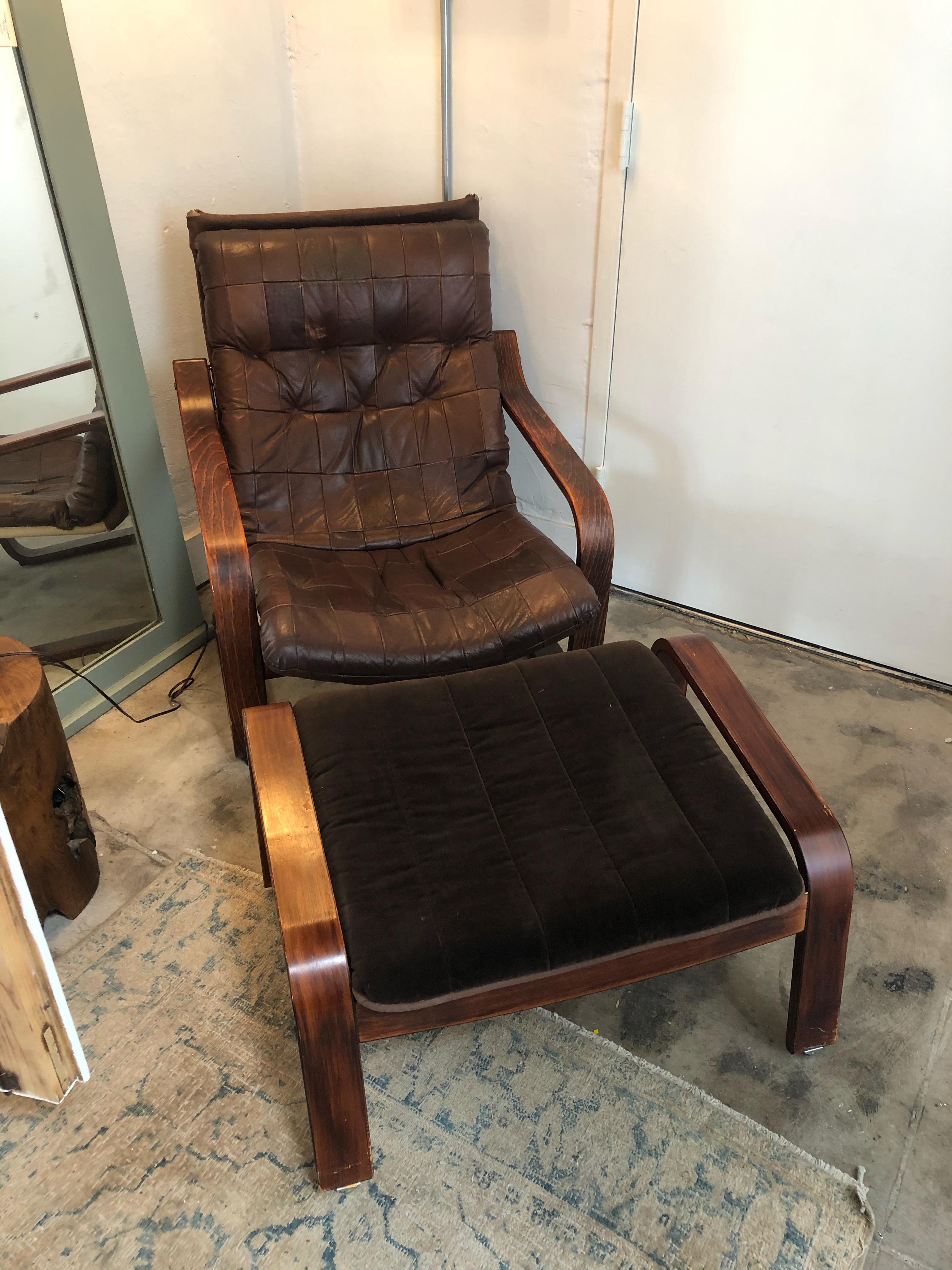 European Mid-Century Leather Lounge Chair with Matching Ottoman