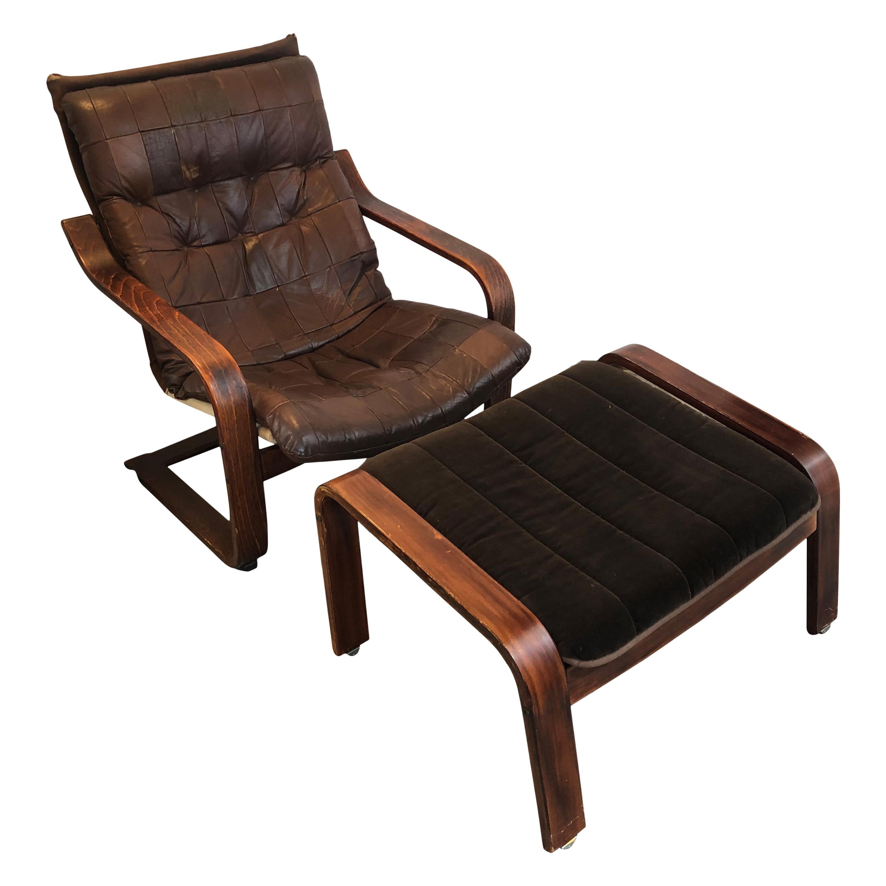 Mid-Century Leather Lounge Chair with Matching Ottoman