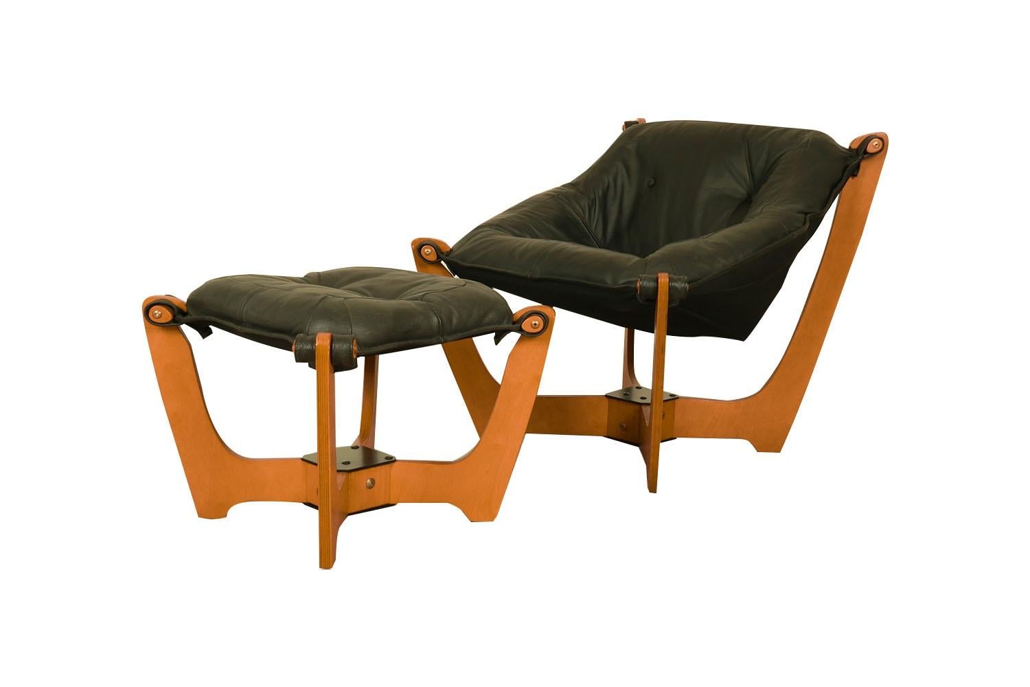 Mid-Century Modern Mid-Century Leather Luna Sling Lounge Chair Ottoman by Hjellegjerde Norway