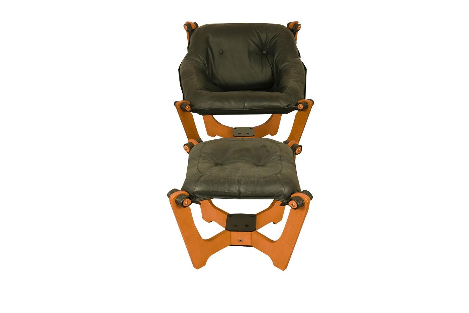 American Mid-Century Leather Luna Sling Lounge Chair Ottoman by Hjellegjerde Norway