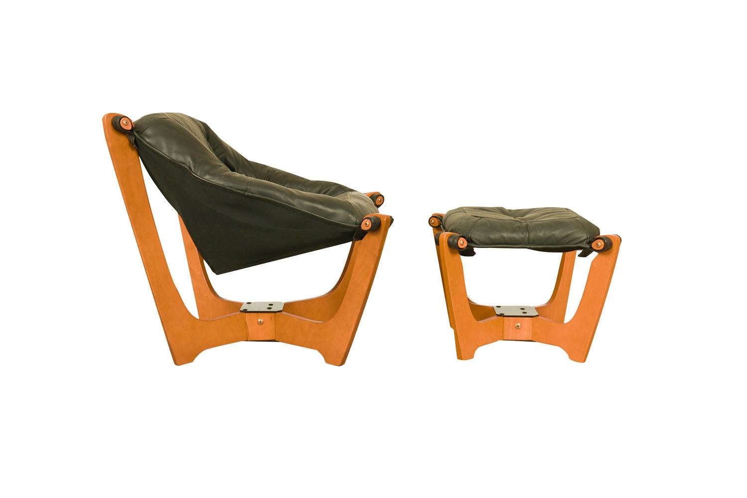 Mid-Century Leather Luna Sling Lounge Chair Ottoman by Hjellegjerde Norway 1