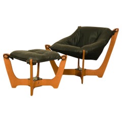 Mid Century Leather Luna Sling Lounge Chair Ottoman by Hjellegjerde Norway