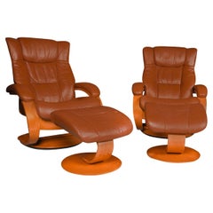 Mid-Century Leather Pair Norway Lounge Chairs Ottomans Hjellegjerde Mobler 
