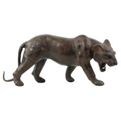 Vintage Mid Century Leather Panther Statue Paper Mache Collector's Item