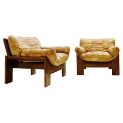 Retro Midcentury Leather Patchwork Armchairs, Wood and Leather, Italy