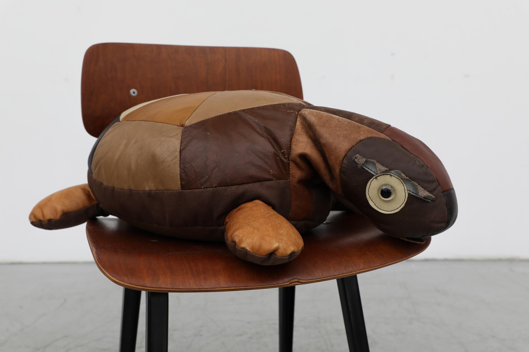 Mid-Century Brown Leather Patchwork Turtle Pillow with Zipper For Sale 4