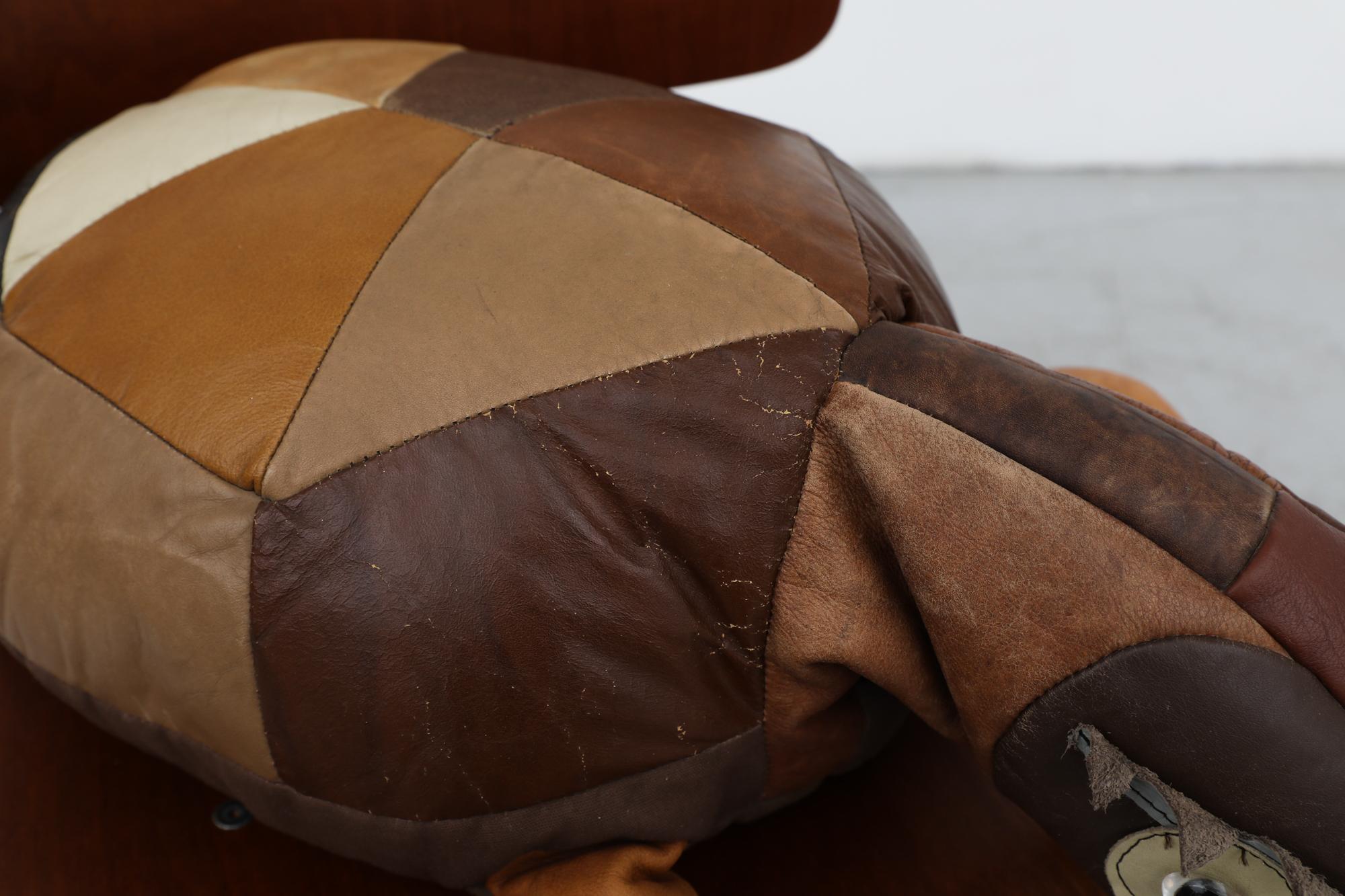 Mid-Century Brown Leather Patchwork Turtle Pillow with Zipper For Sale 5