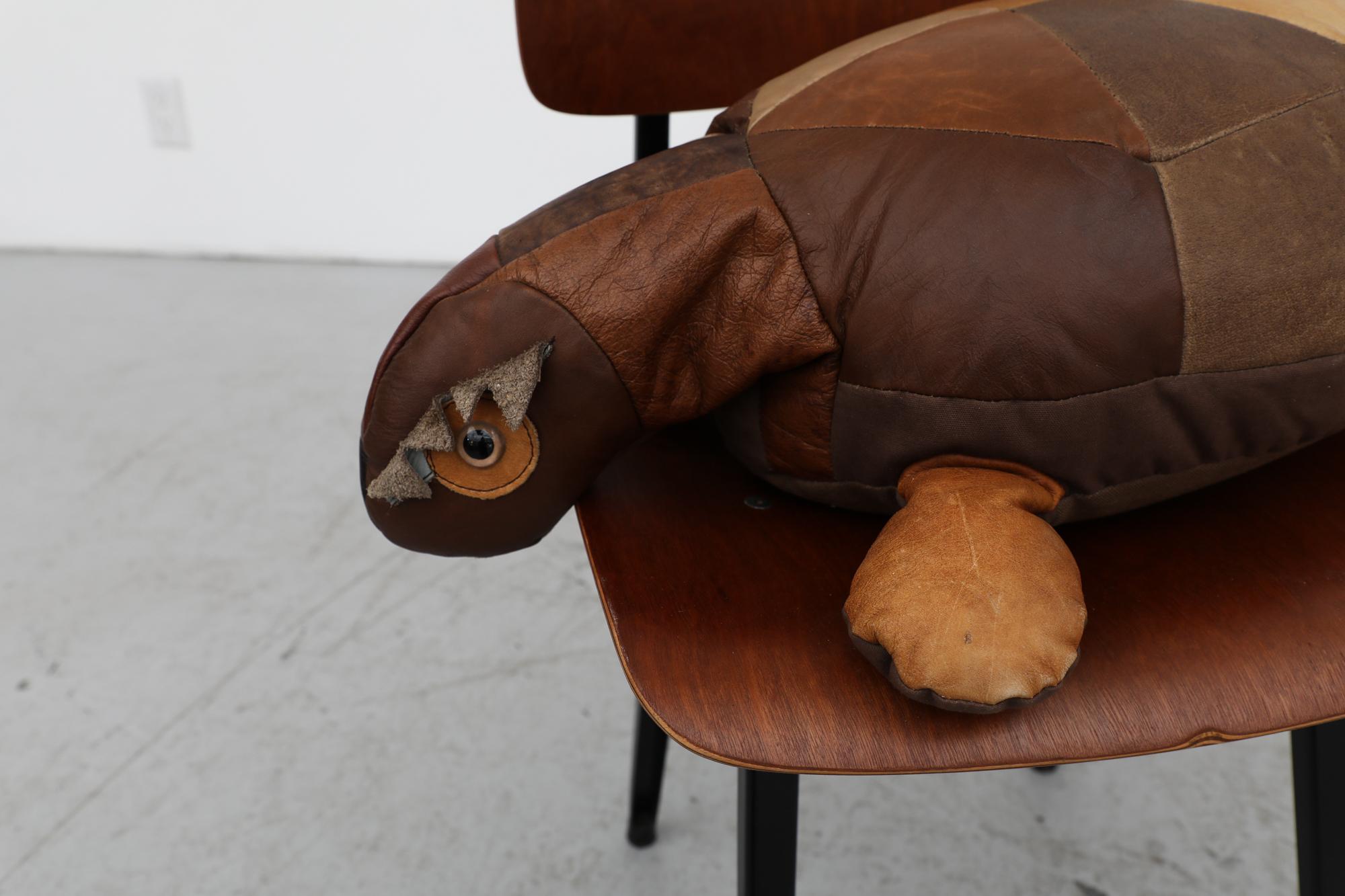 Mid-Century Brown Leather Patchwork Turtle Pillow with Zipper For Sale 6