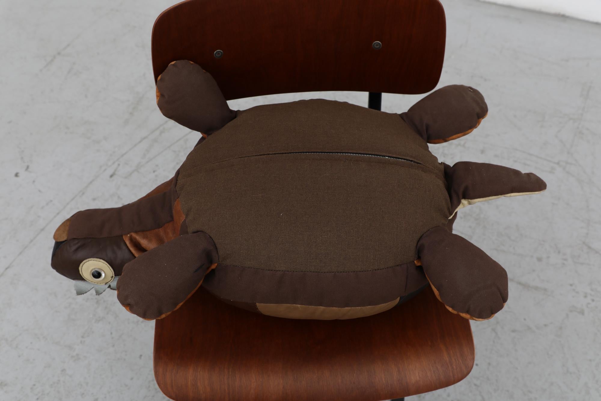 Mid-Century Brown Leather Patchwork Turtle Pillow with Zipper For Sale 7
