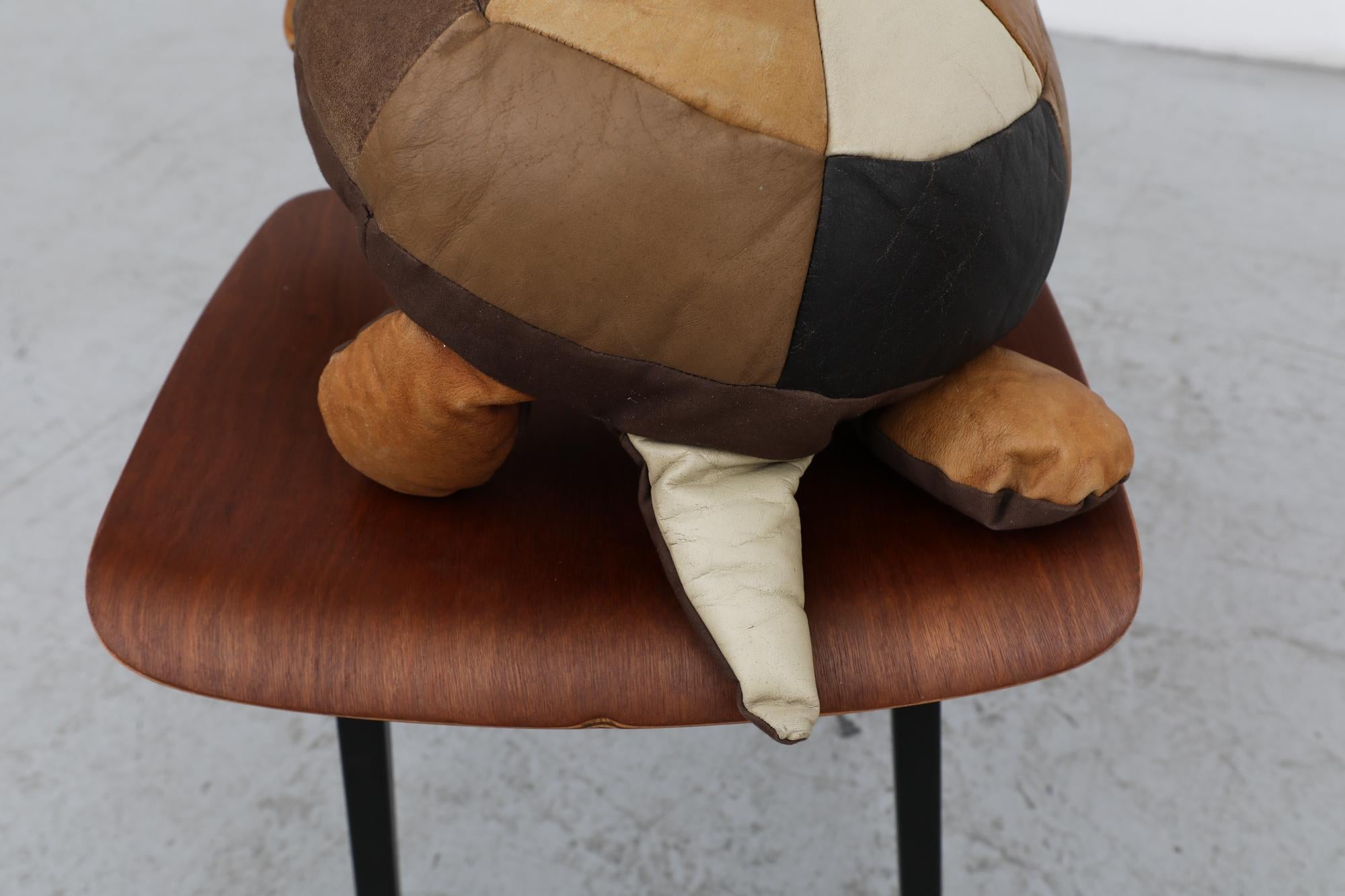 Mid-Century Brown Leather Patchwork Turtle Pillow with Zipper For Sale 8