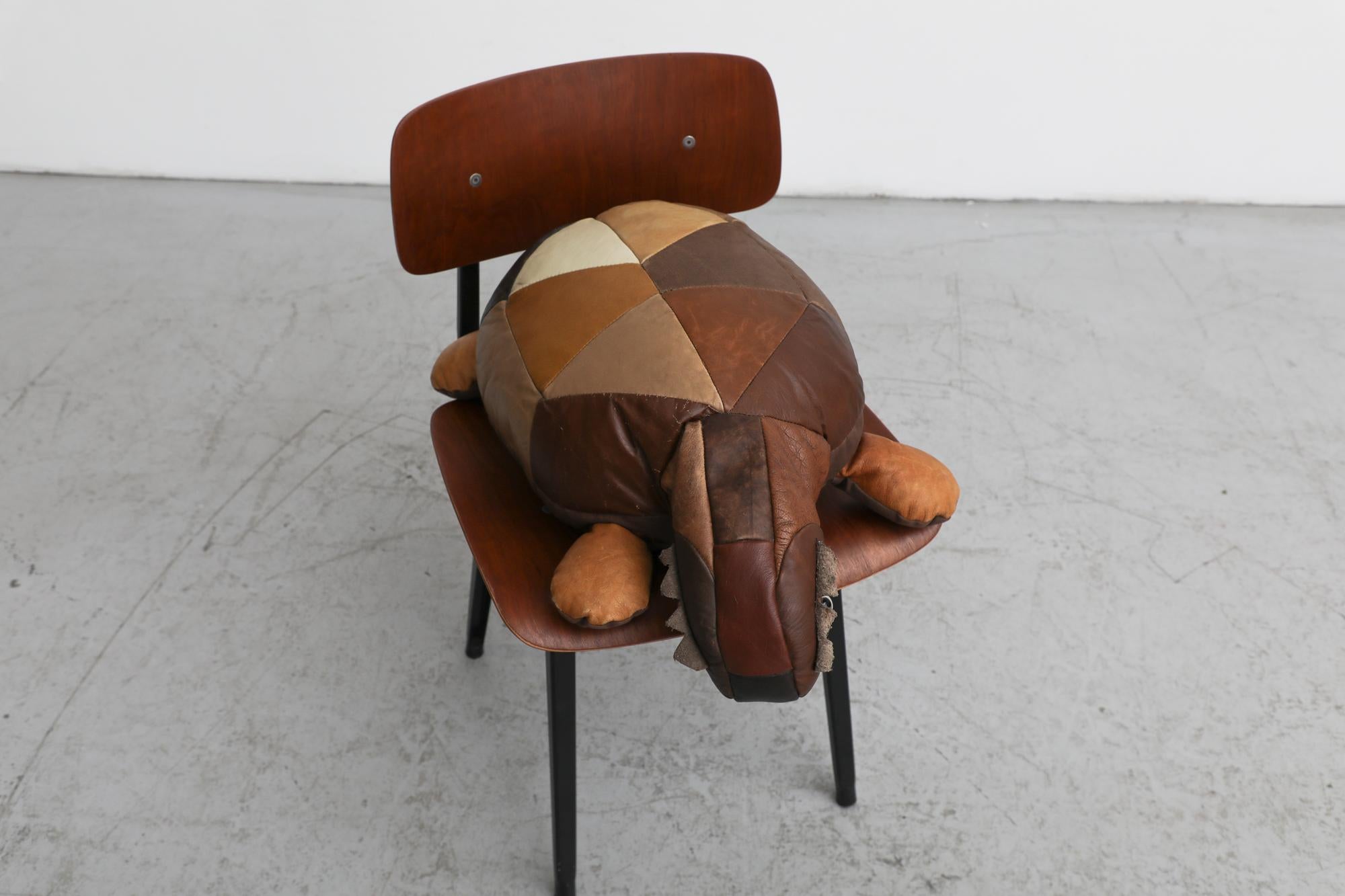Mid-Century Brown Leather Patchwork Turtle Pillow with Zipper For Sale 2