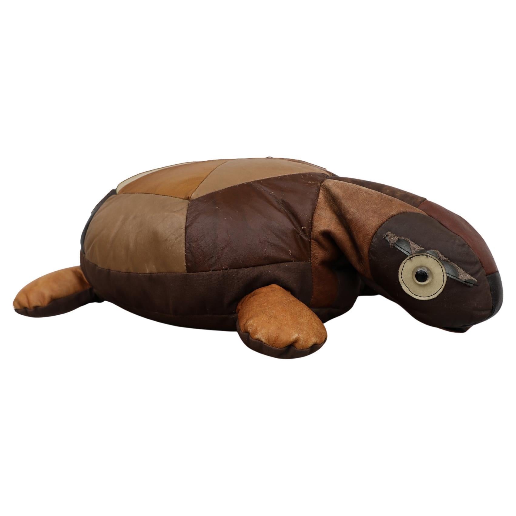 Mid-Century Brown Leather Patchwork Turtle Pillow with Zipper