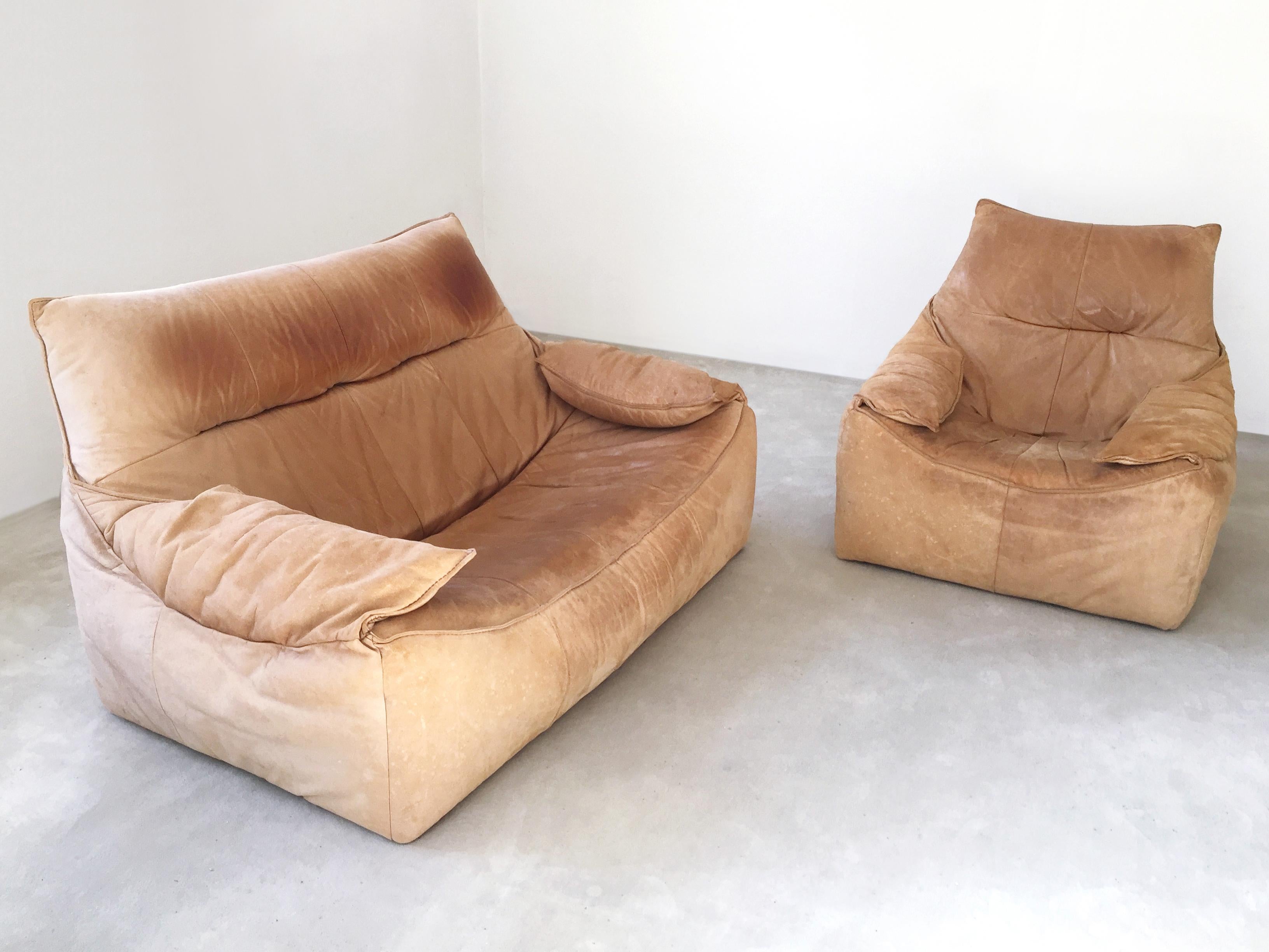 Amazing set of Mid-Century Modern leather seating group consisting a two and one-seat 'The Rock'. Designed by Gerard Van Den Berg for Montis, 1970s, Netherlands.

Original cognac brown leather upholstery. 

Condition: 
Good original vintage