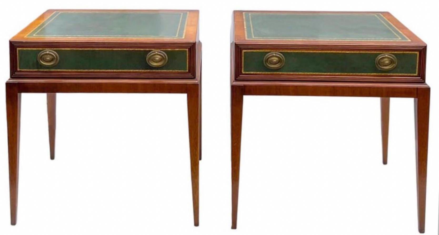 This is a pair of good looking green tooled leather side tables that are in the manner of Parzinger for Charak. They have green tooled leather surfaces and original hardware, but the clean lines and tapered legs really elevate the look. I did not