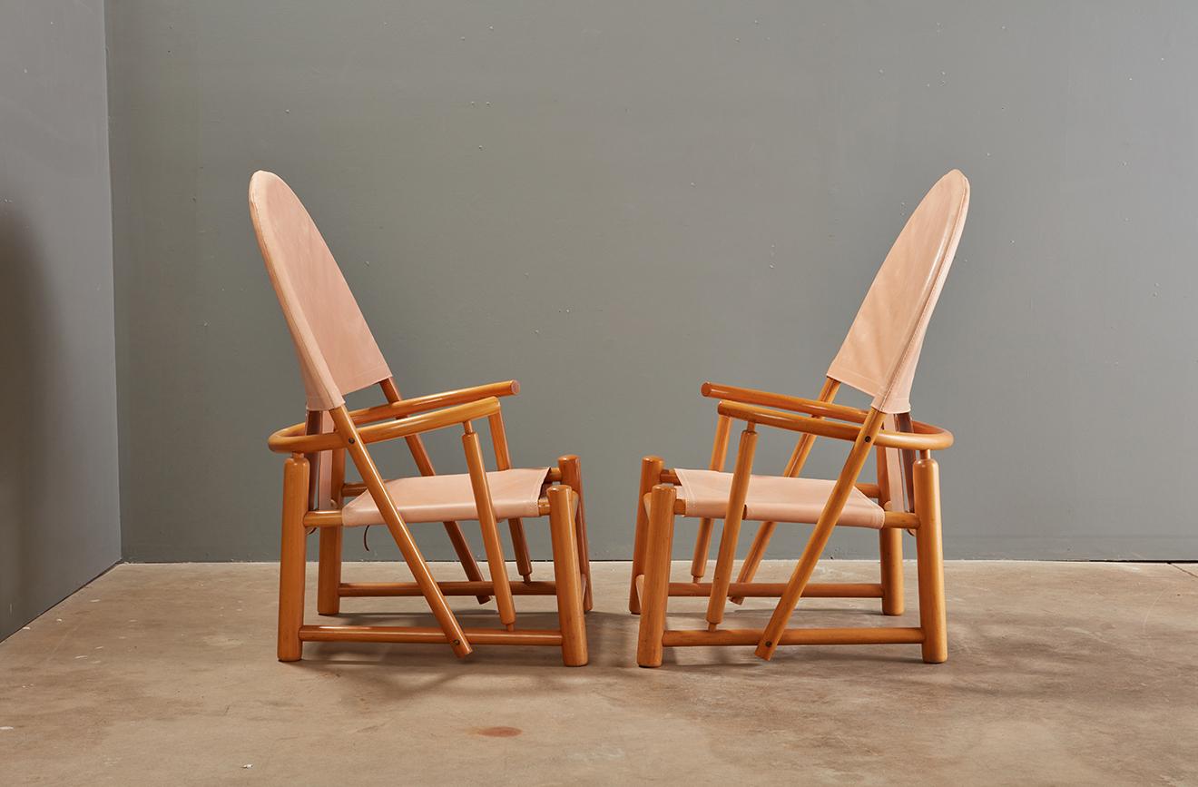 Italian Mid Century Leather Sling G23 Hoop Chairs by Piero Palange, A Pair For Sale