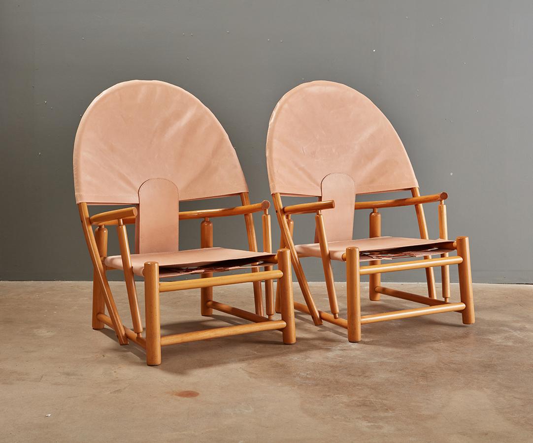 Mid Century Leather Sling G23 Hoop Chairs by Piero Palange, A Pair In Good Condition For Sale In Greensboro, NC
