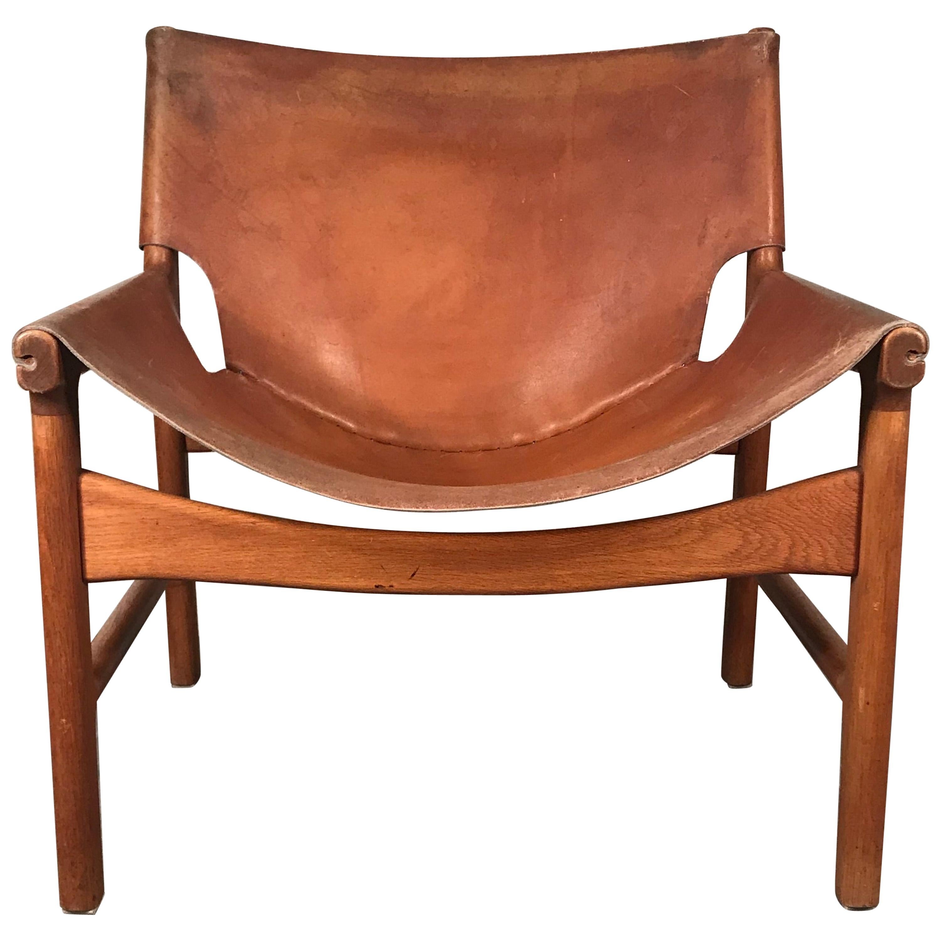 Chaise balançoire en cuir du milieu du siècle par Illum Wikkelso, Danemark, années 1950