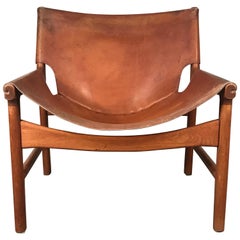 Midcentury Leather Swing Chair by Illum Wikkelso, Denmark, 1950s