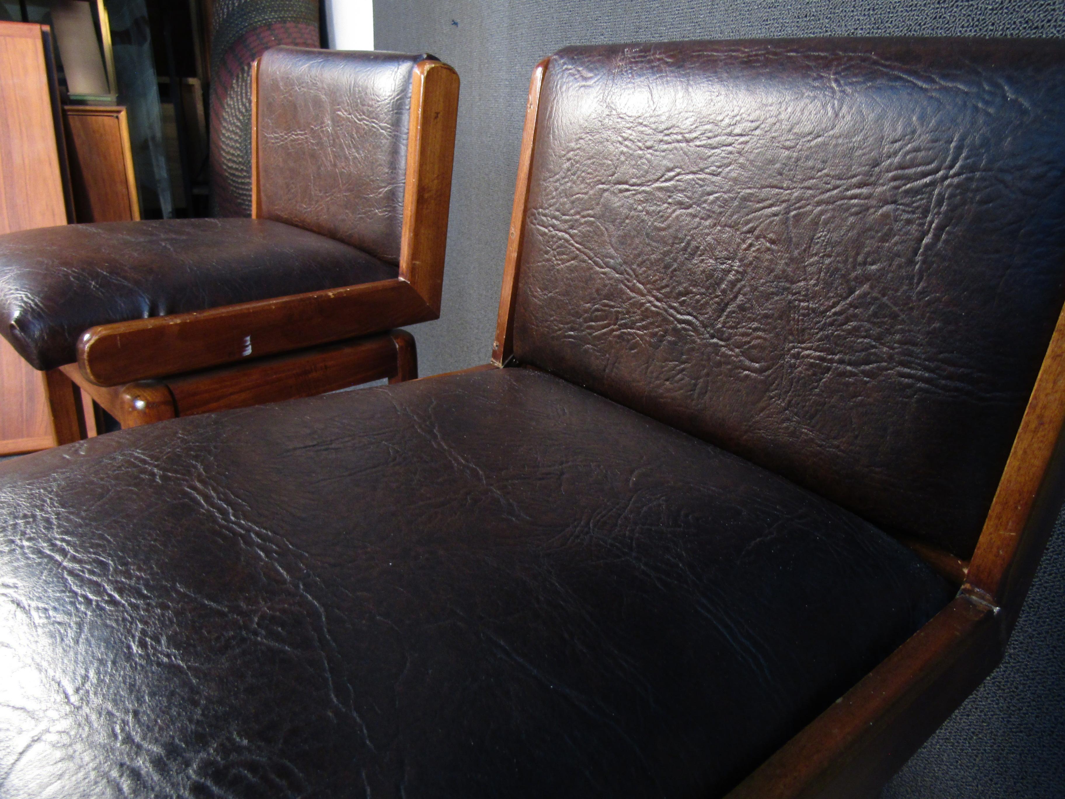 Leather Mid-Century Brutalist Oak & Burl Barstools by Lane Furniture