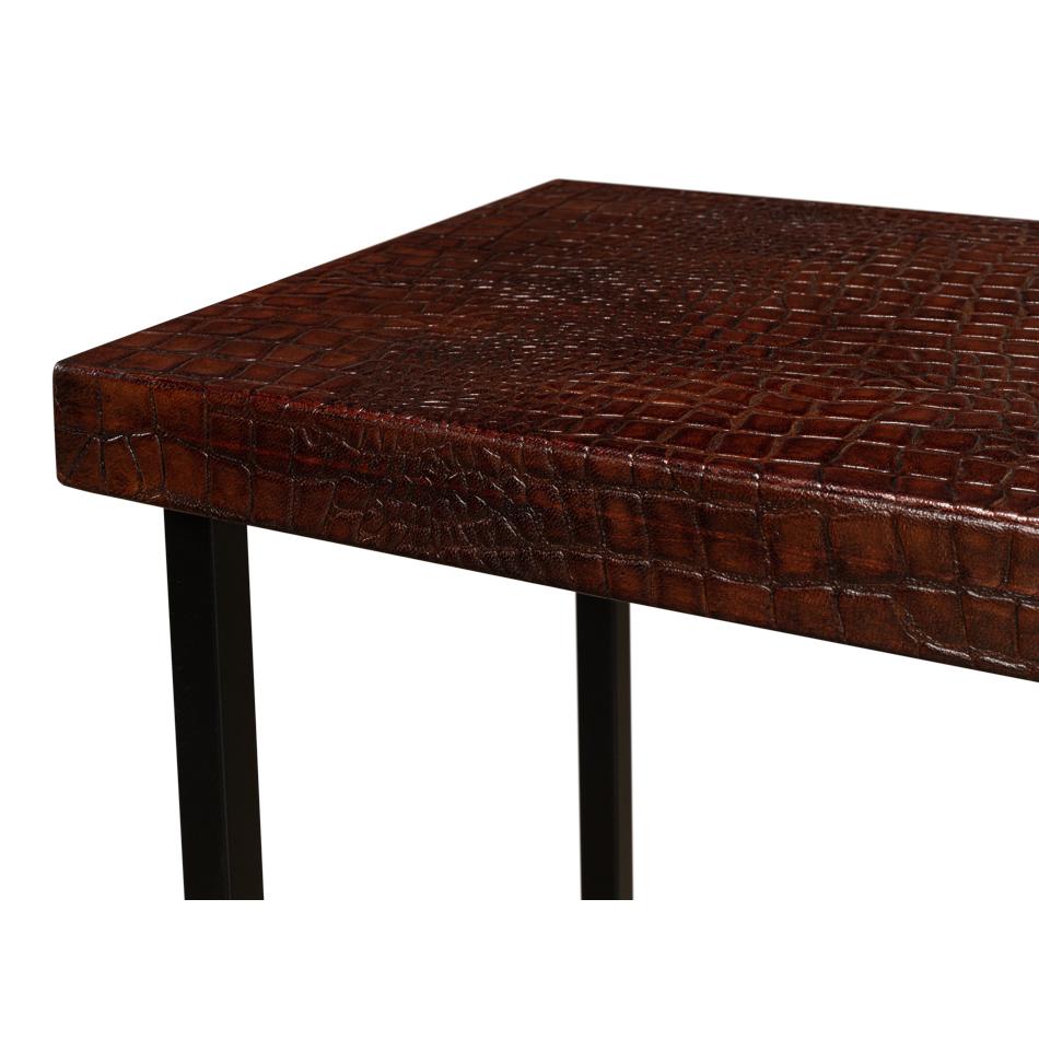 Contemporary Mid Century Leather Top Accent Table For Sale