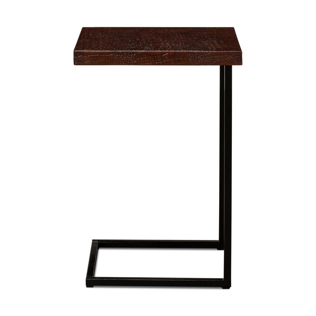 Metal Mid Century Leather Top Accent Table For Sale