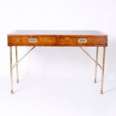 Midcentury Leather Top Writing Desk with Faux Bamboo Legs by Mastercraft
