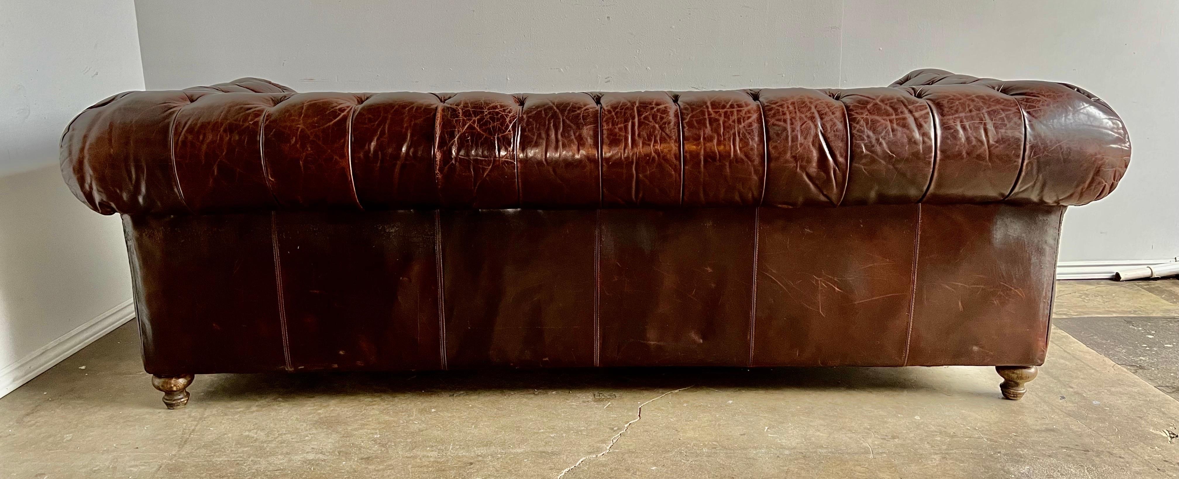 Mid-Century Leather Tufted Sofa w/ Loose Cushions For Sale 2